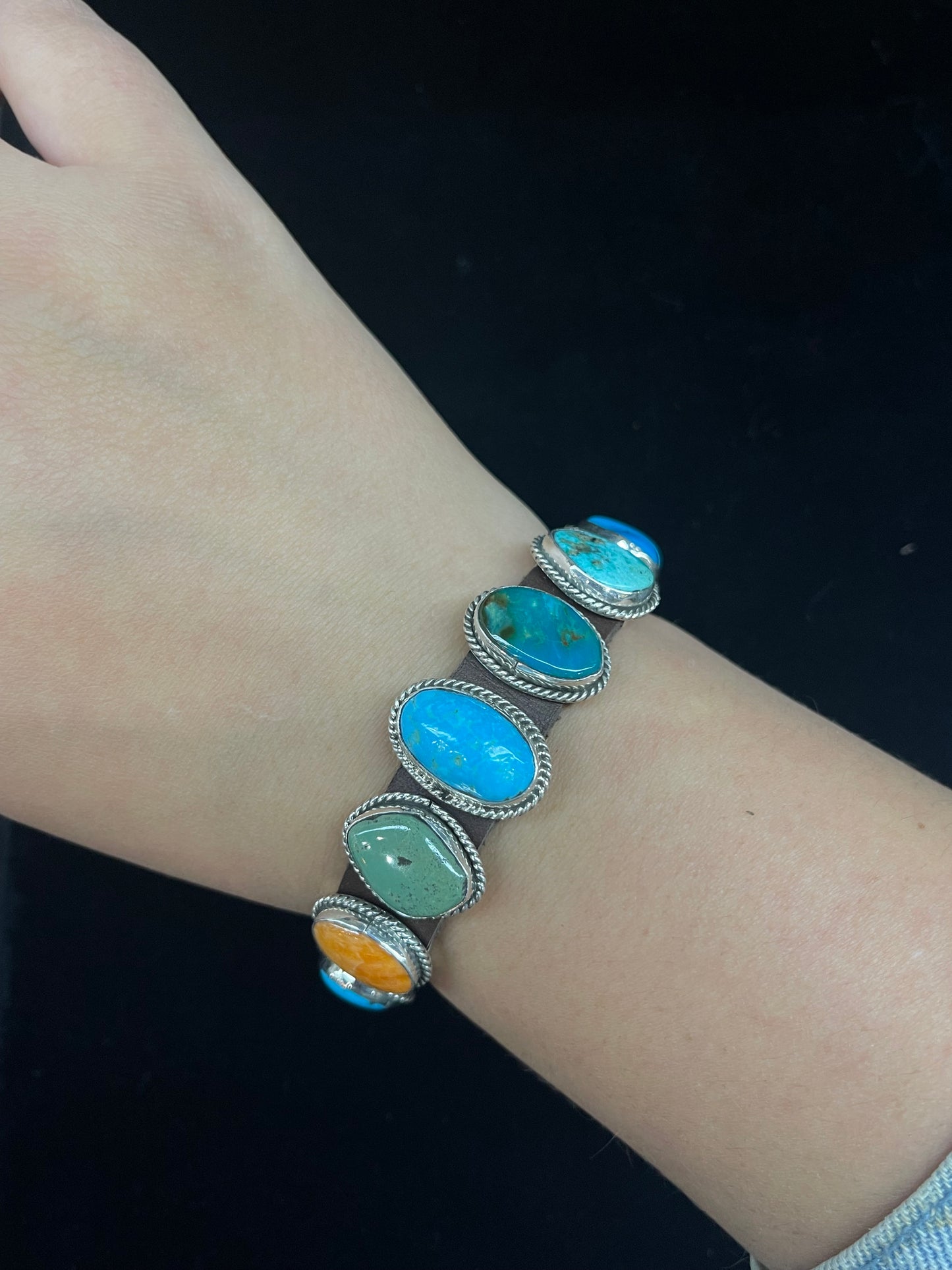 Turquoise and Spiny Oyster Leather Bracelet