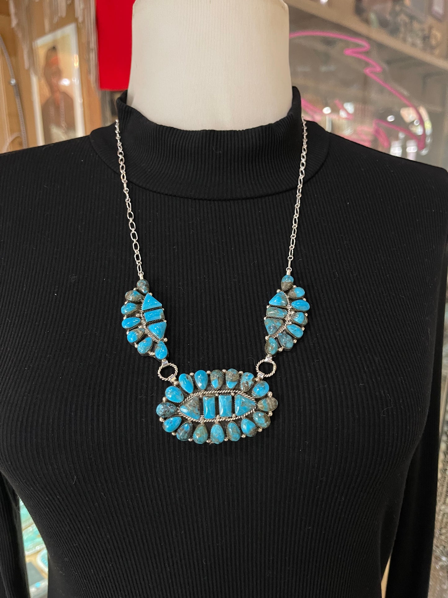 24" Triple Turquoise Cluster Necklace by Dorothy Lee, Navajo