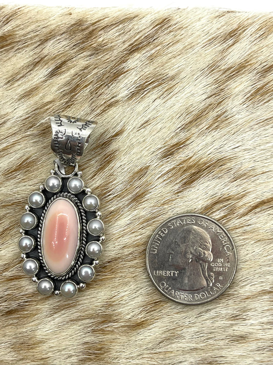 Pink Conch Shell with Freshwater Pearl Cluster Pendant
