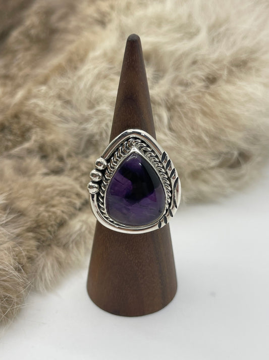 7.0 Amethyst Teardrop Shape Ring by Ray Tom, Navajo