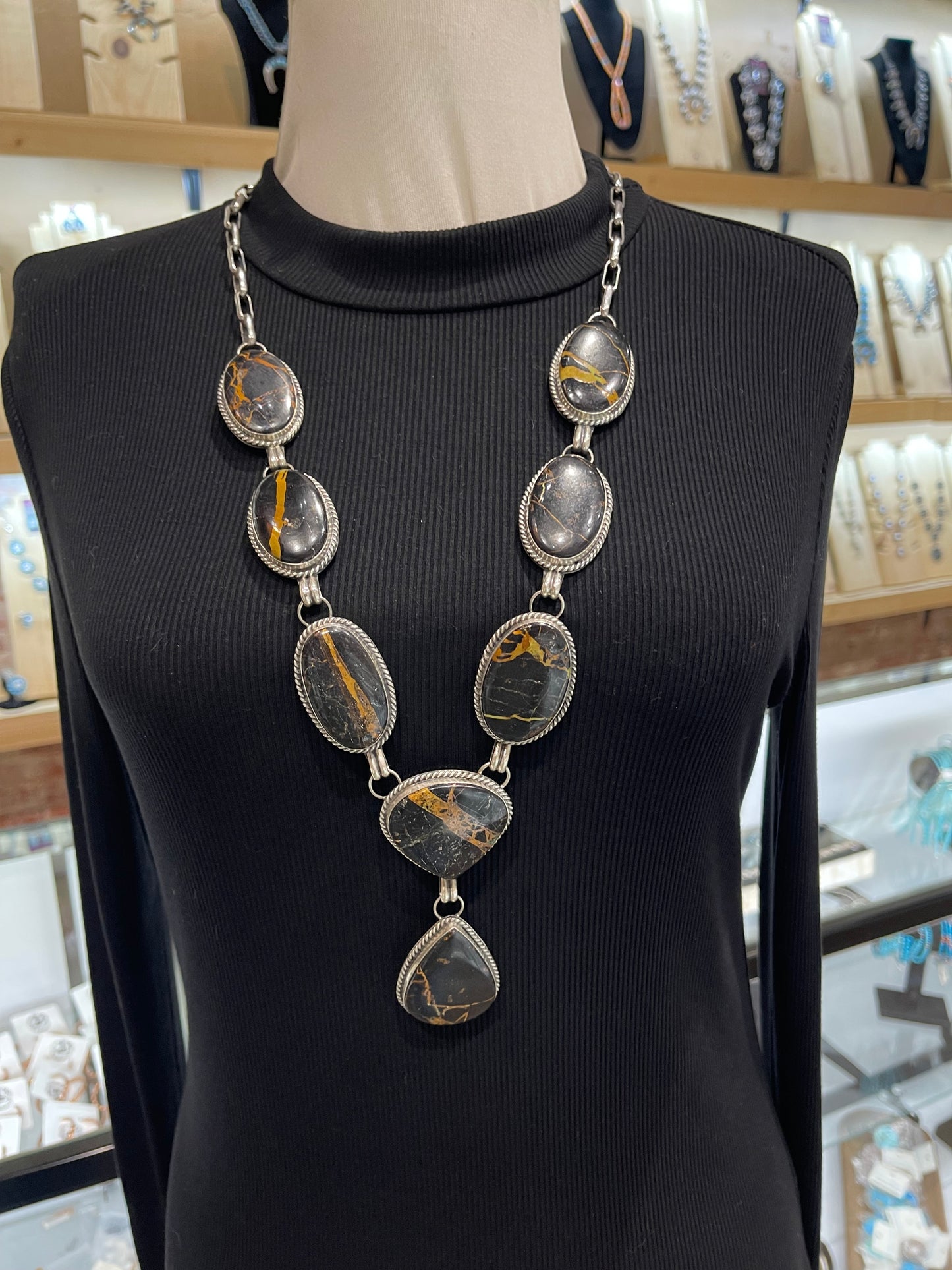 30" Blackjack Turquoise Lariat Necklace by Delbert Secatero, Navajo