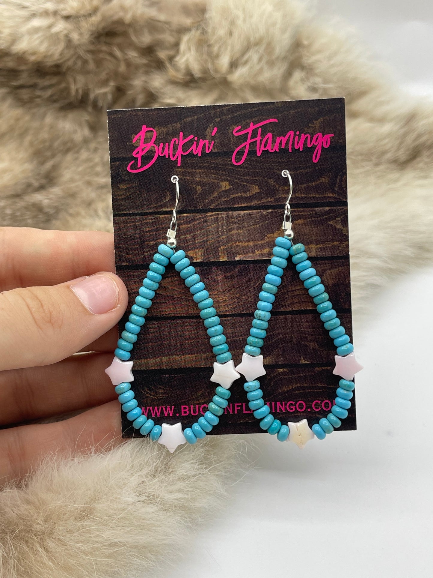 Turquoise With Pink Conch Shell Star Teardrop Earrings