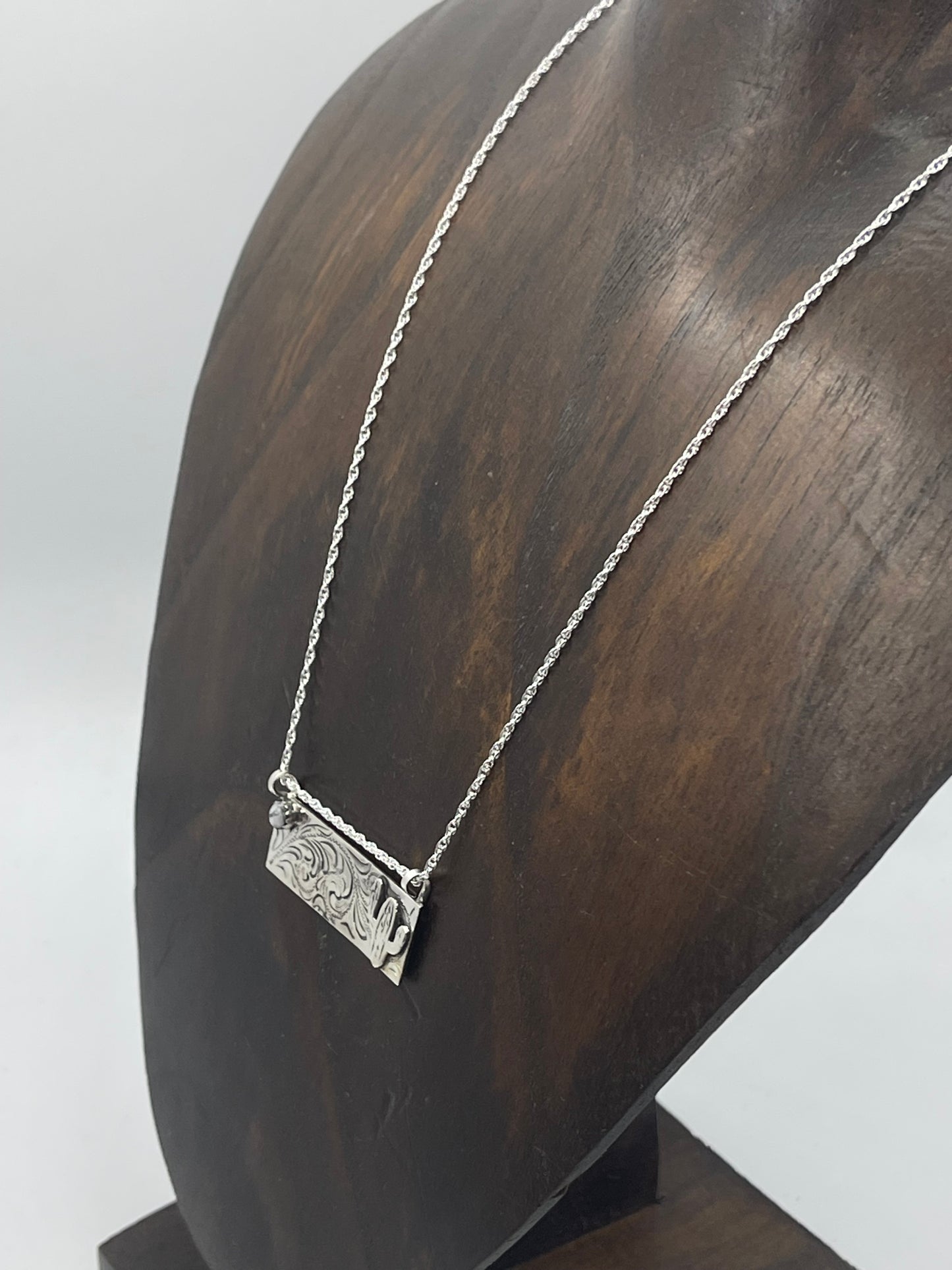 17" Sterling Silver Cactus Bar Necklace with White Buffalo Stones by Annette Martinez, Navajo