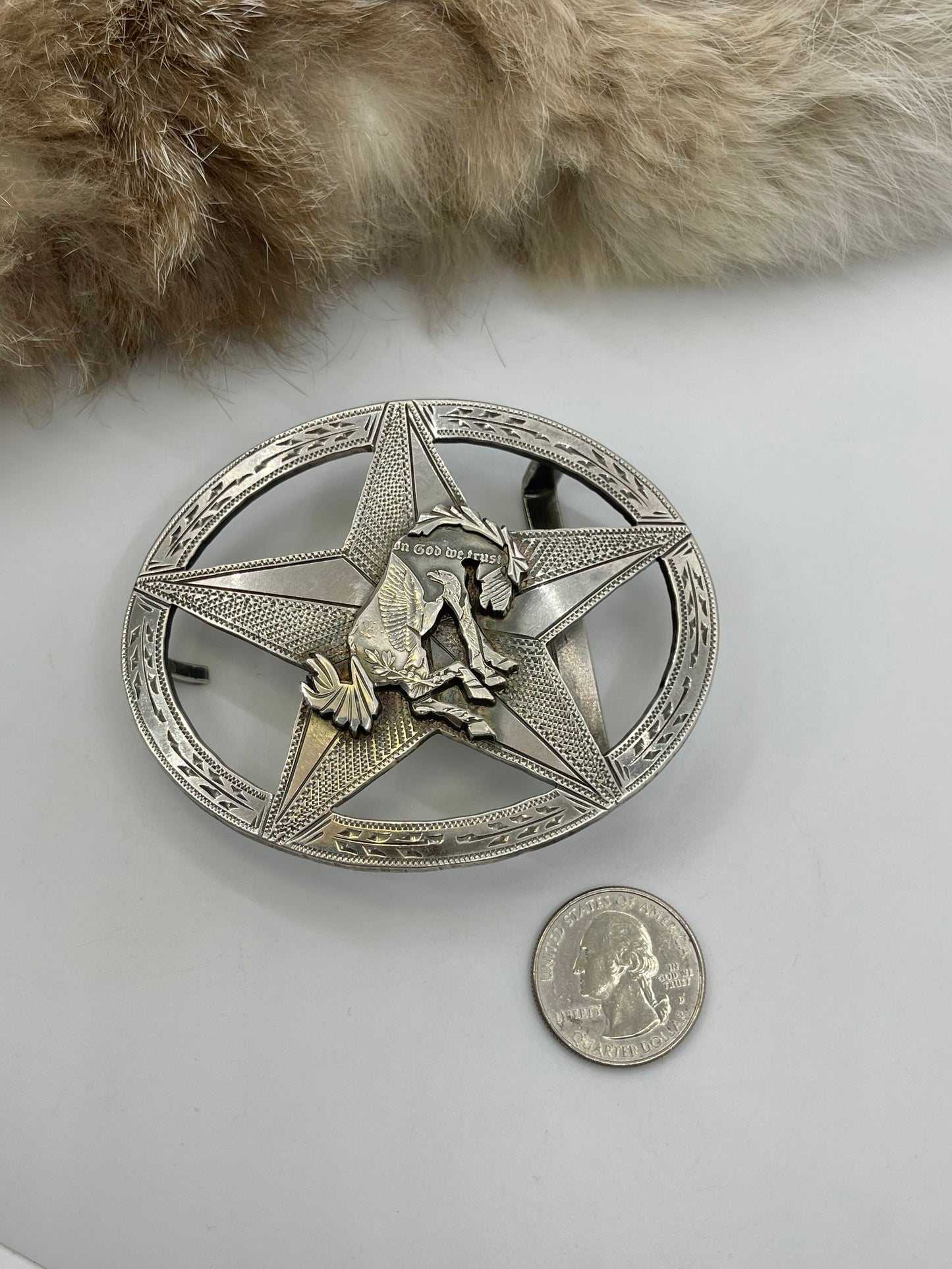 Hand Engraved Star Buckle with Silver Dollar Coin Buckin’ Bronc by Bad Bronc