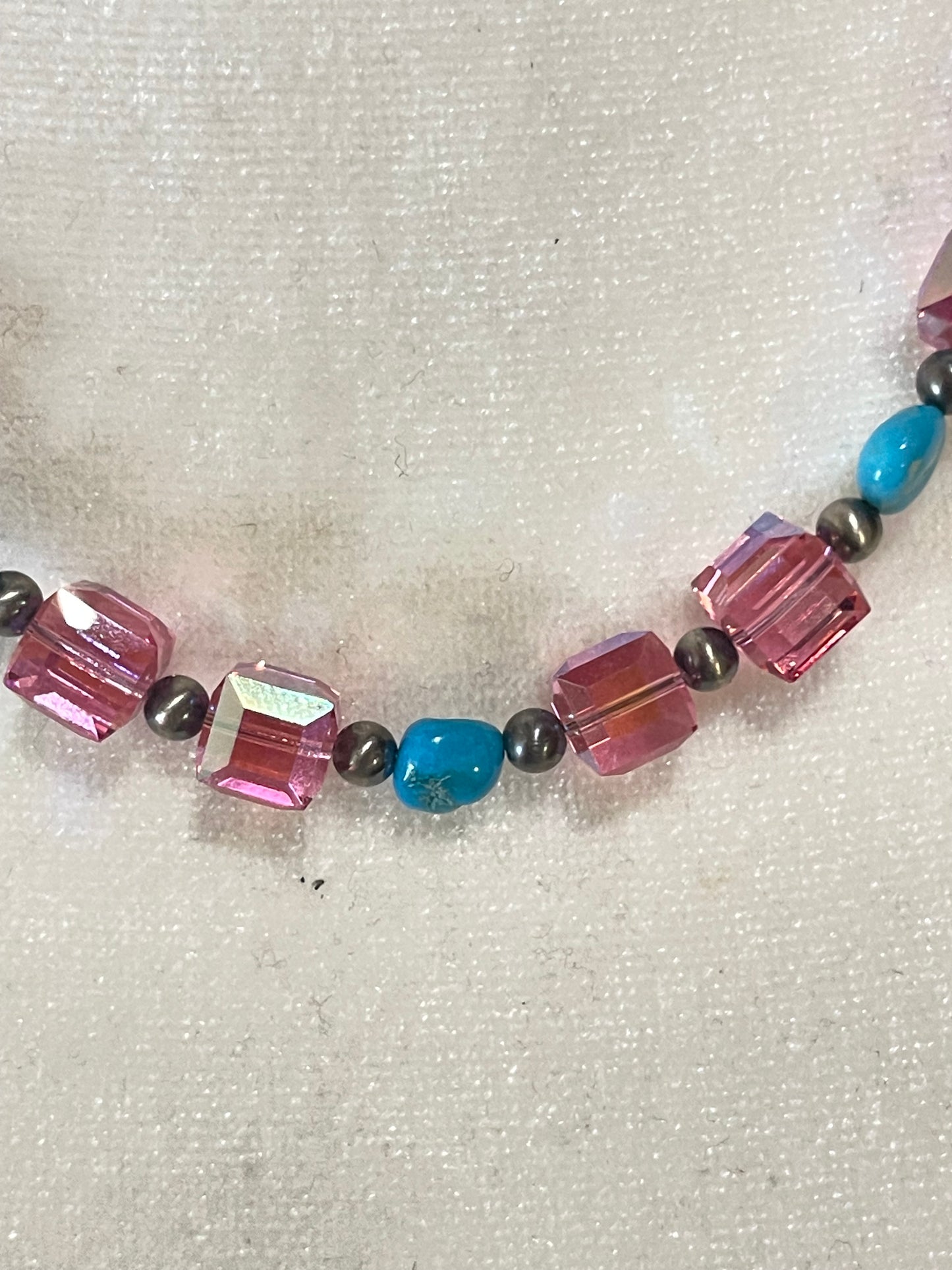 18" Pink Swarovski Crystals, Sleeping Beauty Turquoise, and 3mm Navajo Pearls Necklace