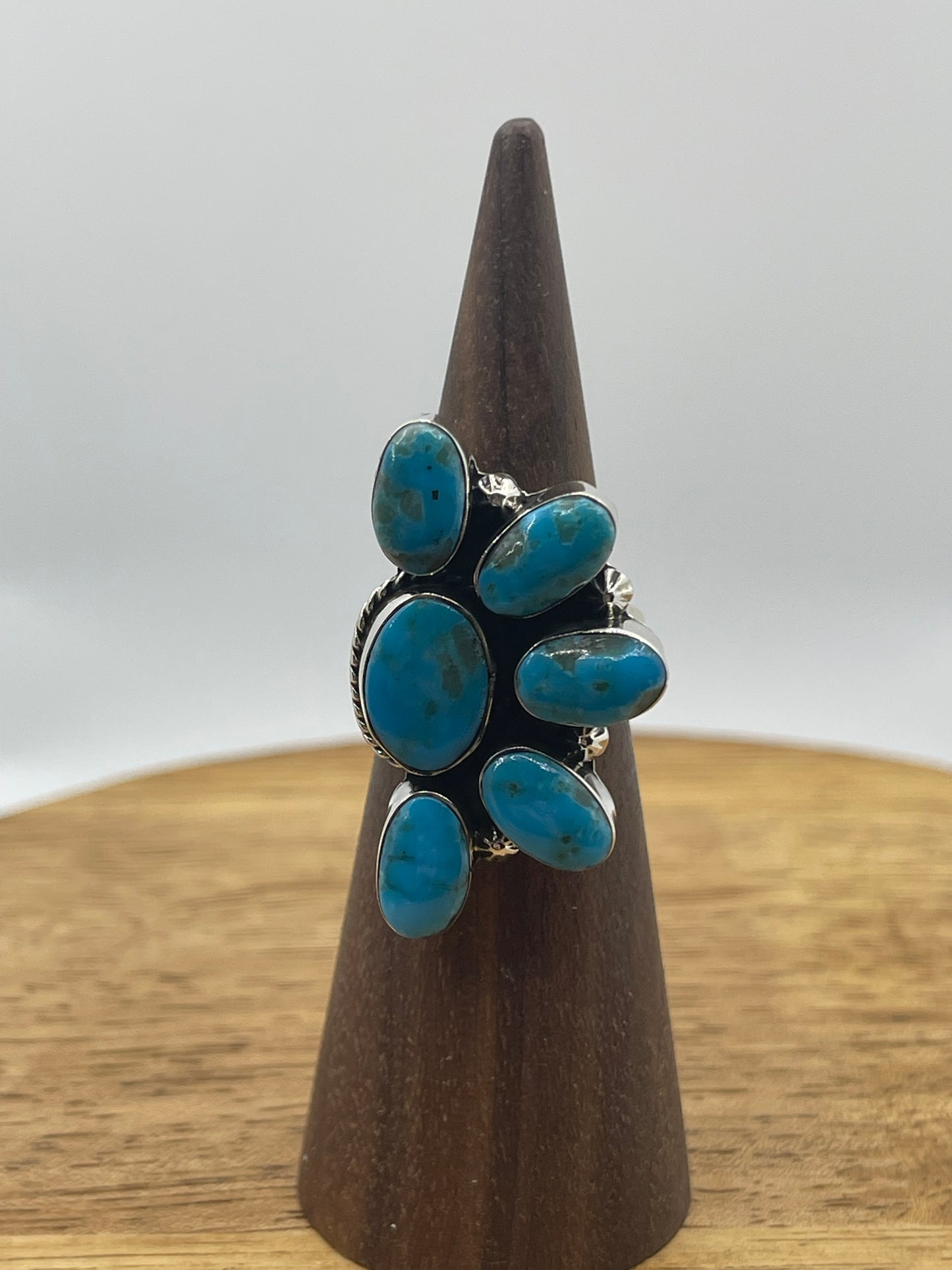 8.0 Turquoise Half Cluster Ring by Leona Delgarito, Navajo