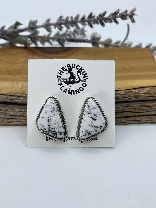White Buffalo Triangle Post Dangle Earrings by Elouise Kee, Navajo