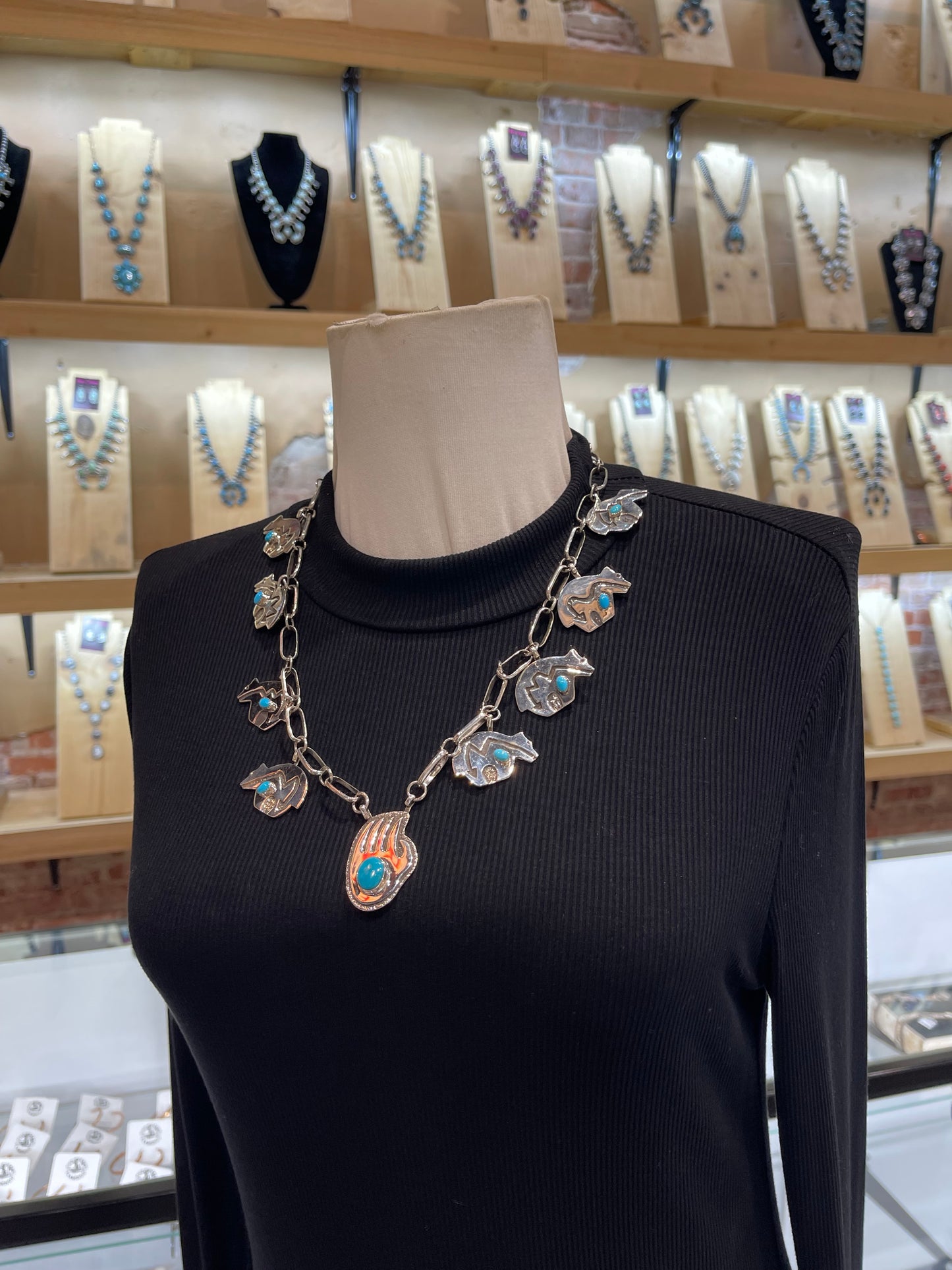 22" Bear Necklace on Handmade Paperclip Chain Neckalce+Earrings set by Marie Jackson, Navajo