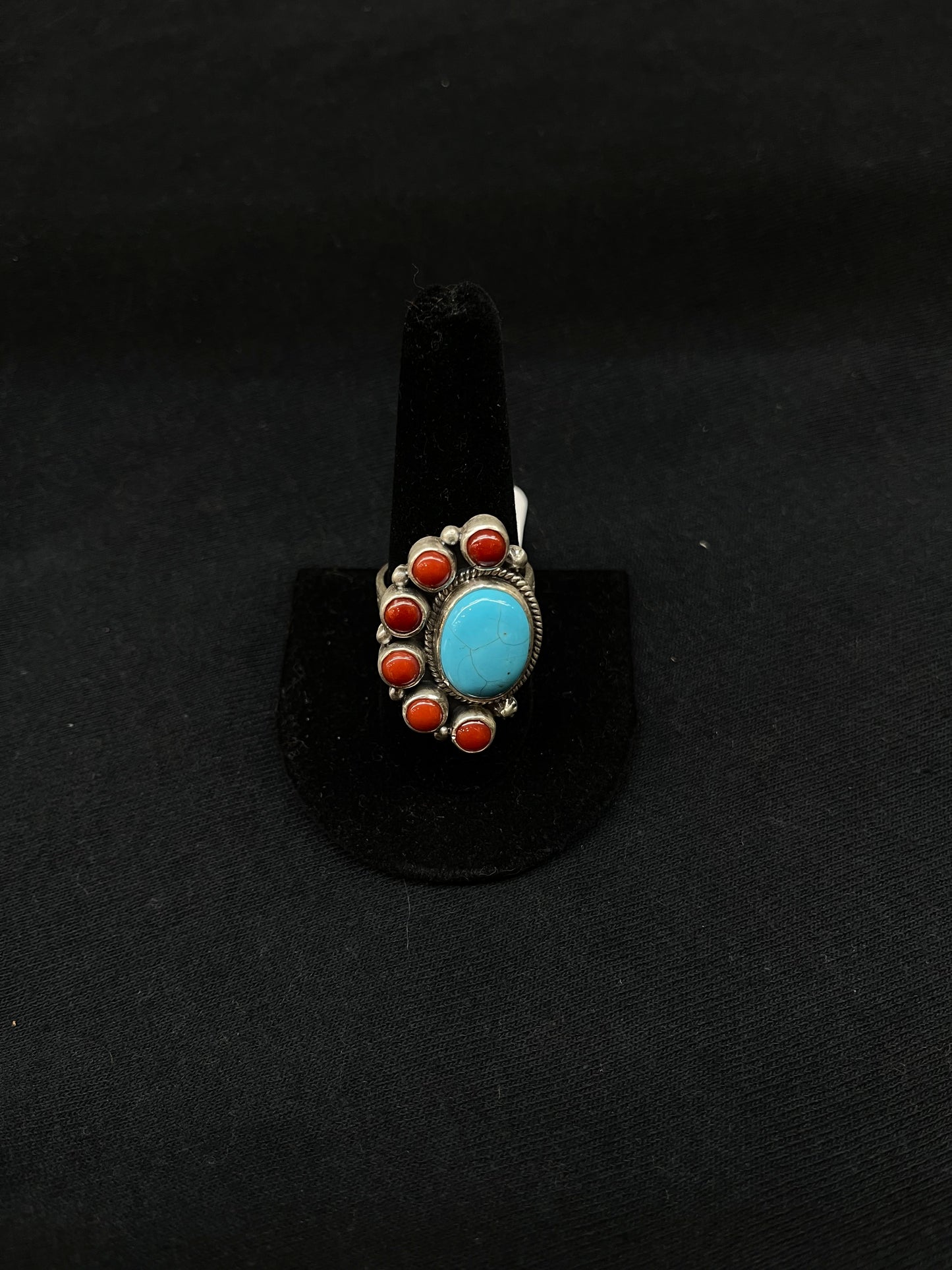 Adjustable Turquoise and Red Coral Half Cluster Ring by Zia