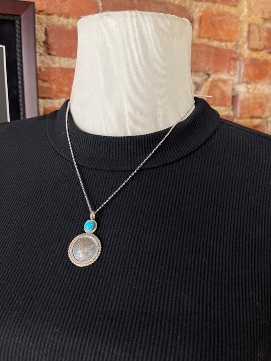18" Silver Dime with Turquoise Stone Pendant Necklace with a 4mm Bale