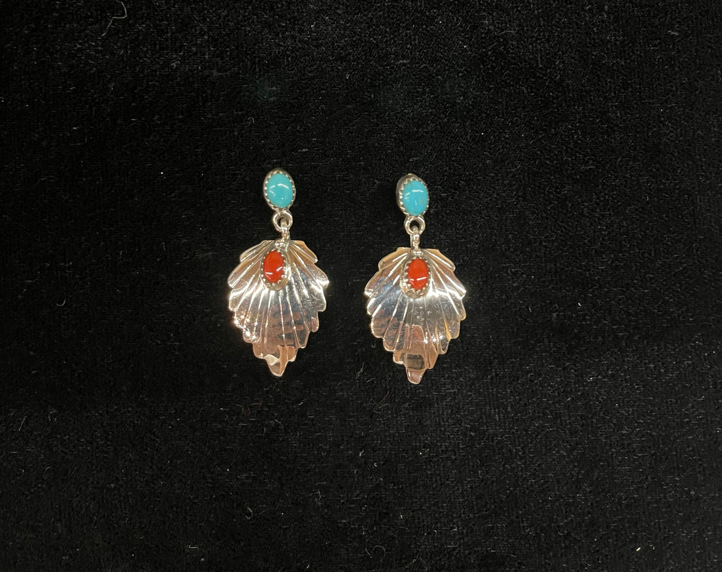 Turquoise and Red Coral Post Dangle Earrings by Genevieve Francisco, Navajo