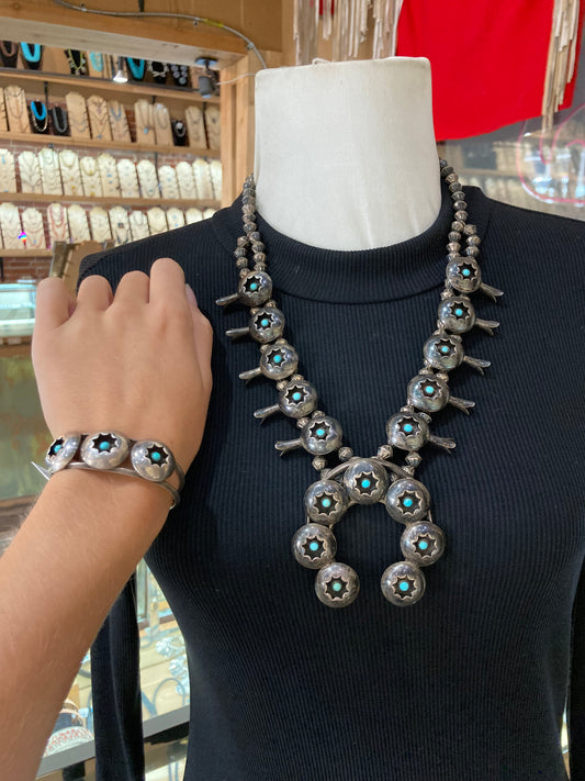 24" Vintage Turquoise Shadowbox Squash Blossom and 5 3/4"-7" Cuff Set