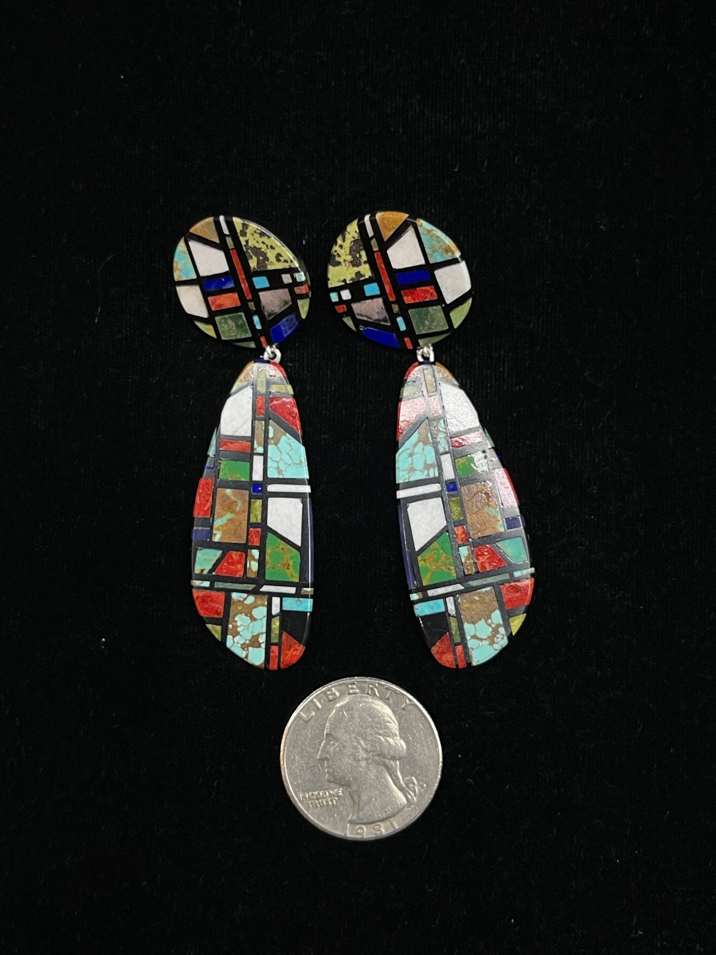 Multi Stone Inlay Post Dangle Earrings by Chris T. Nieto, Santo Domingo