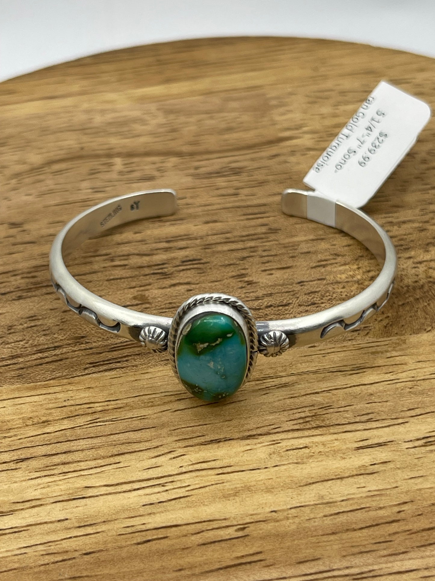 5.25" - 7" Sonoran Gold Turquoise Stamped Cuff by Samuel Yellowhair, Navajo