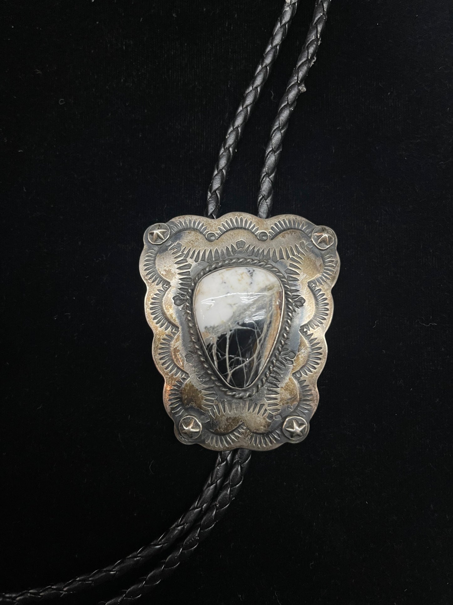 White Buffalo and Sterling Silver Bolo Tie by Chimney Butte, Navajo