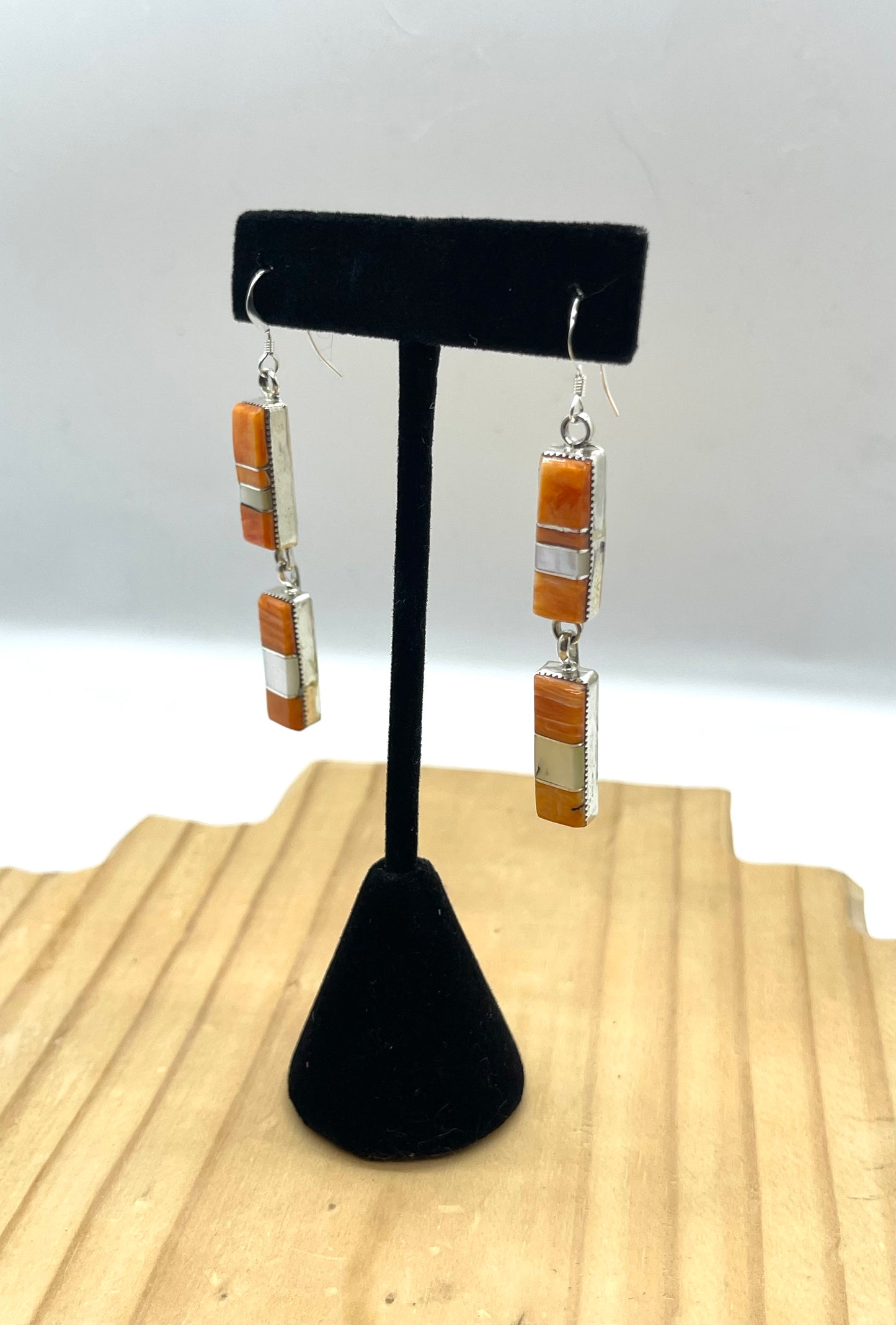 Orange Spiny Oyster Shell and Mother of Pearls Double Rectangle Dangle Earrings by Running Bear