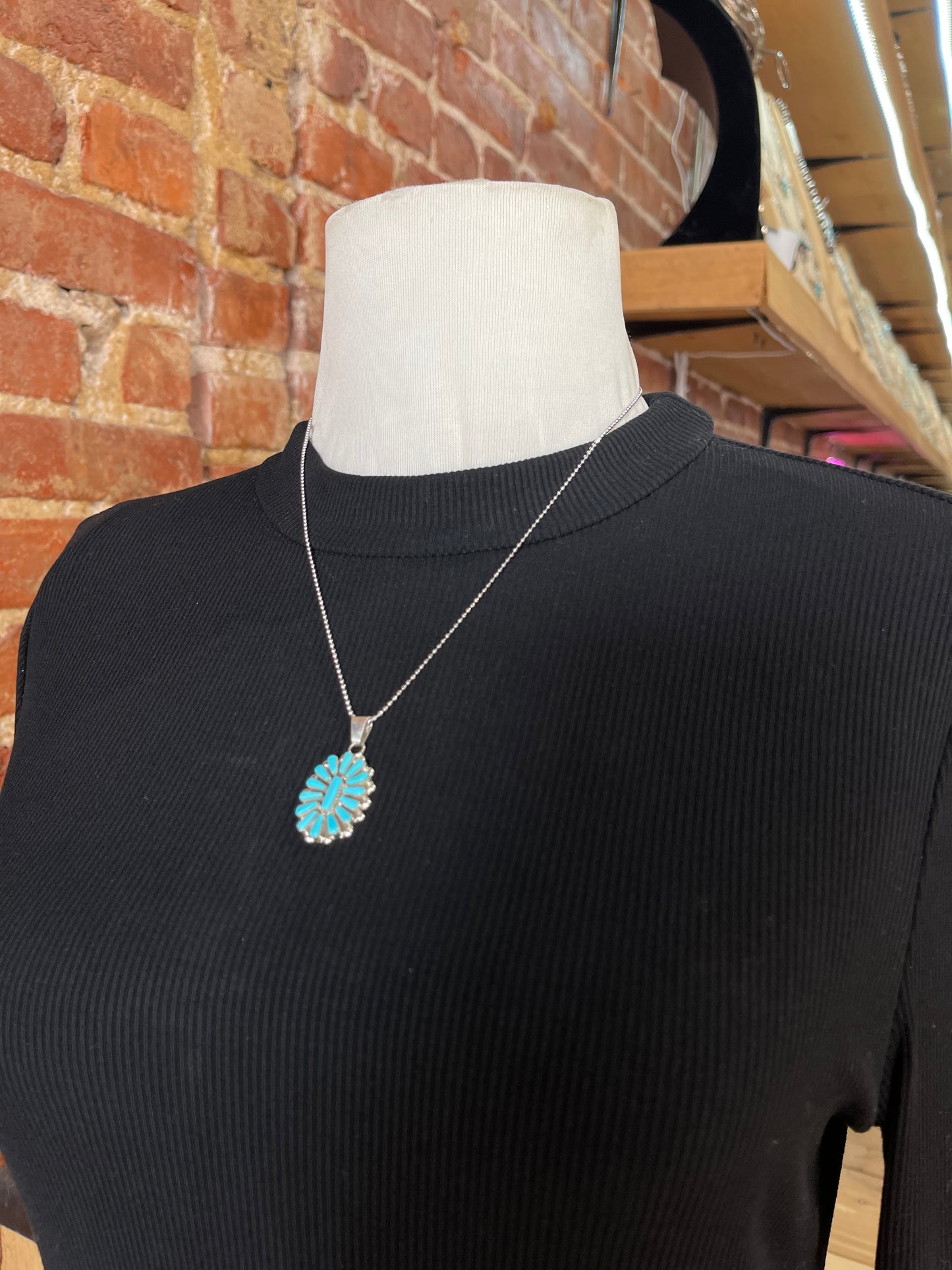 18"+3" Turquoise Needlepoint Cluster Pendant Necklace by Vera Halusewa, Zuni