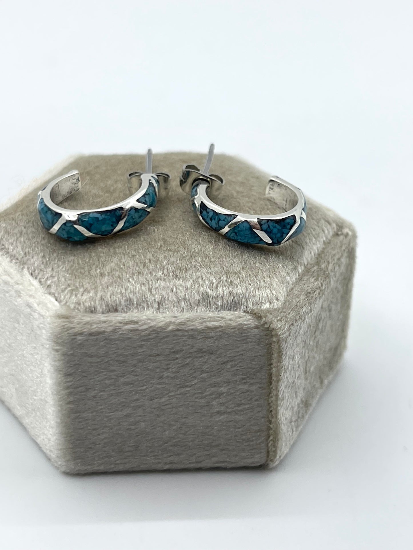Turquoise Chip Inlay Half Hoop Post Earrings