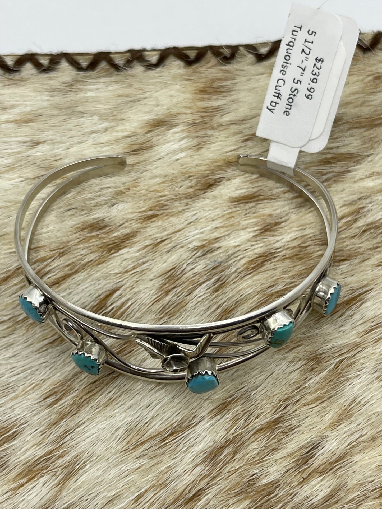 5 1/2"-7" 5 Stone Turquoise Cuff by Carolynn Nez, Navajo