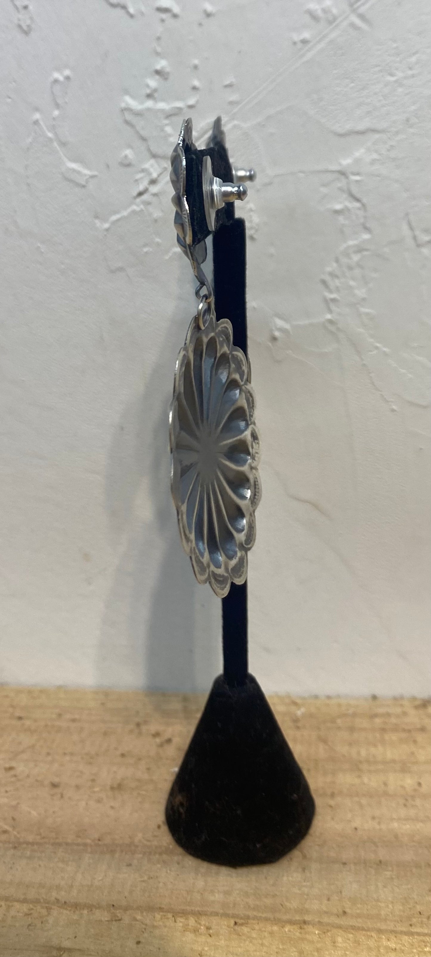 Hand Stamped Sterling Silver Concho with Coral Post Dangle Earrings by Rita Daye