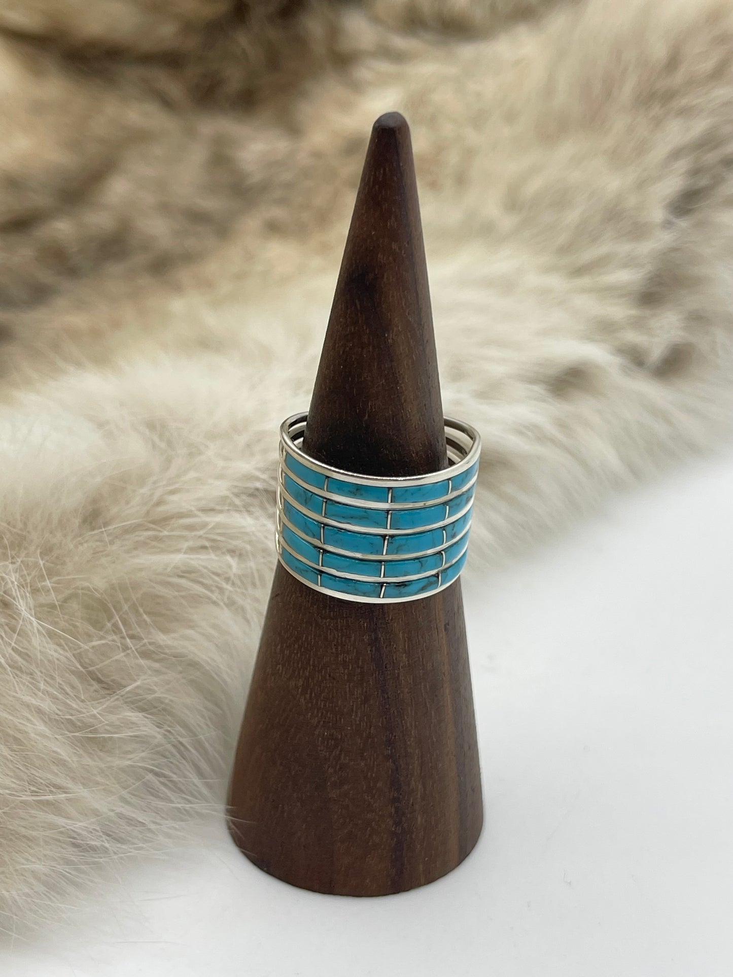 8.0 5 Row Turquoise Ring by Claresse Kyletewa, Zuni