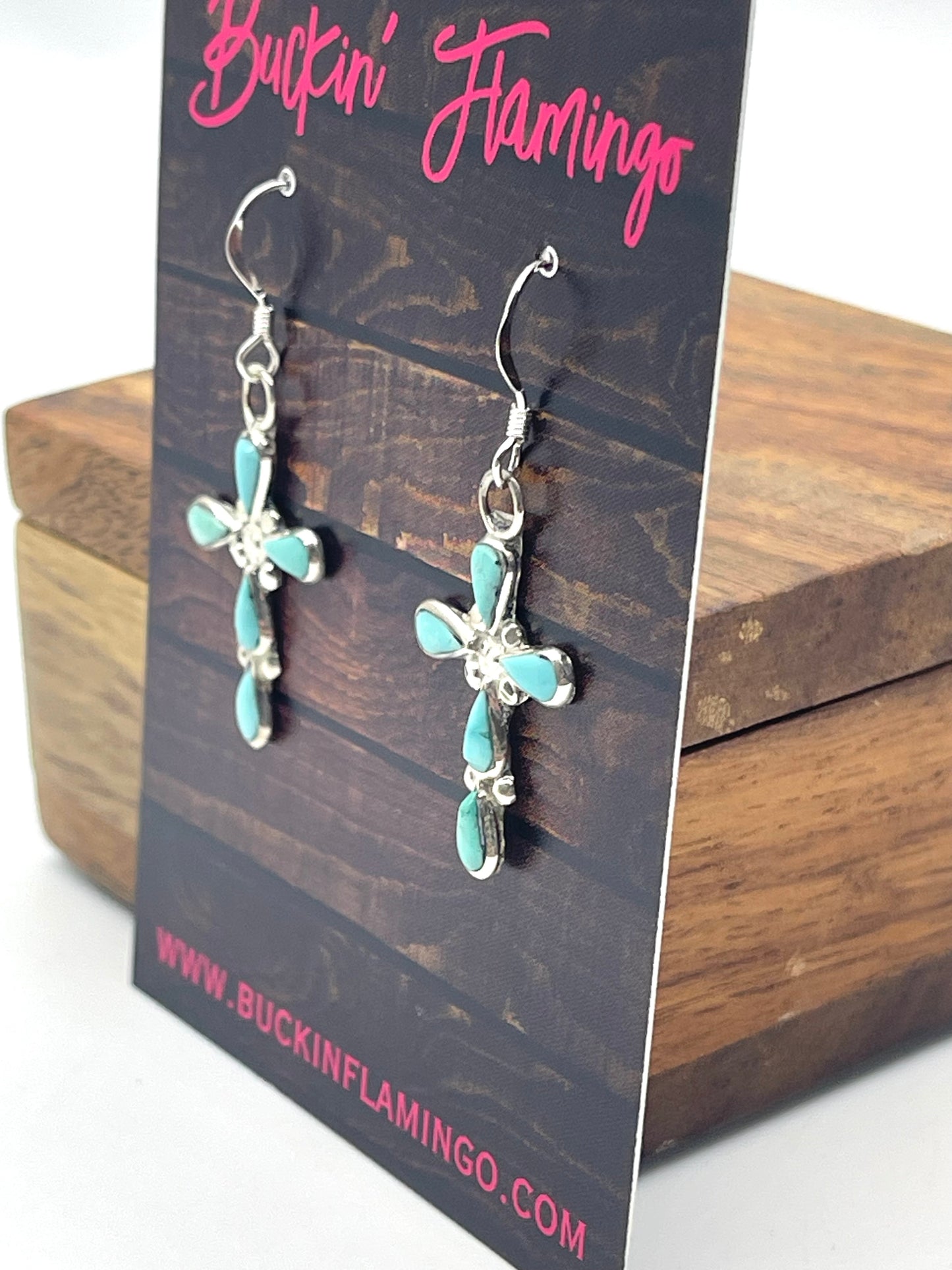 Petit Point Turquoise Cross Hook Earrings by Bryce Vacit, Zuni