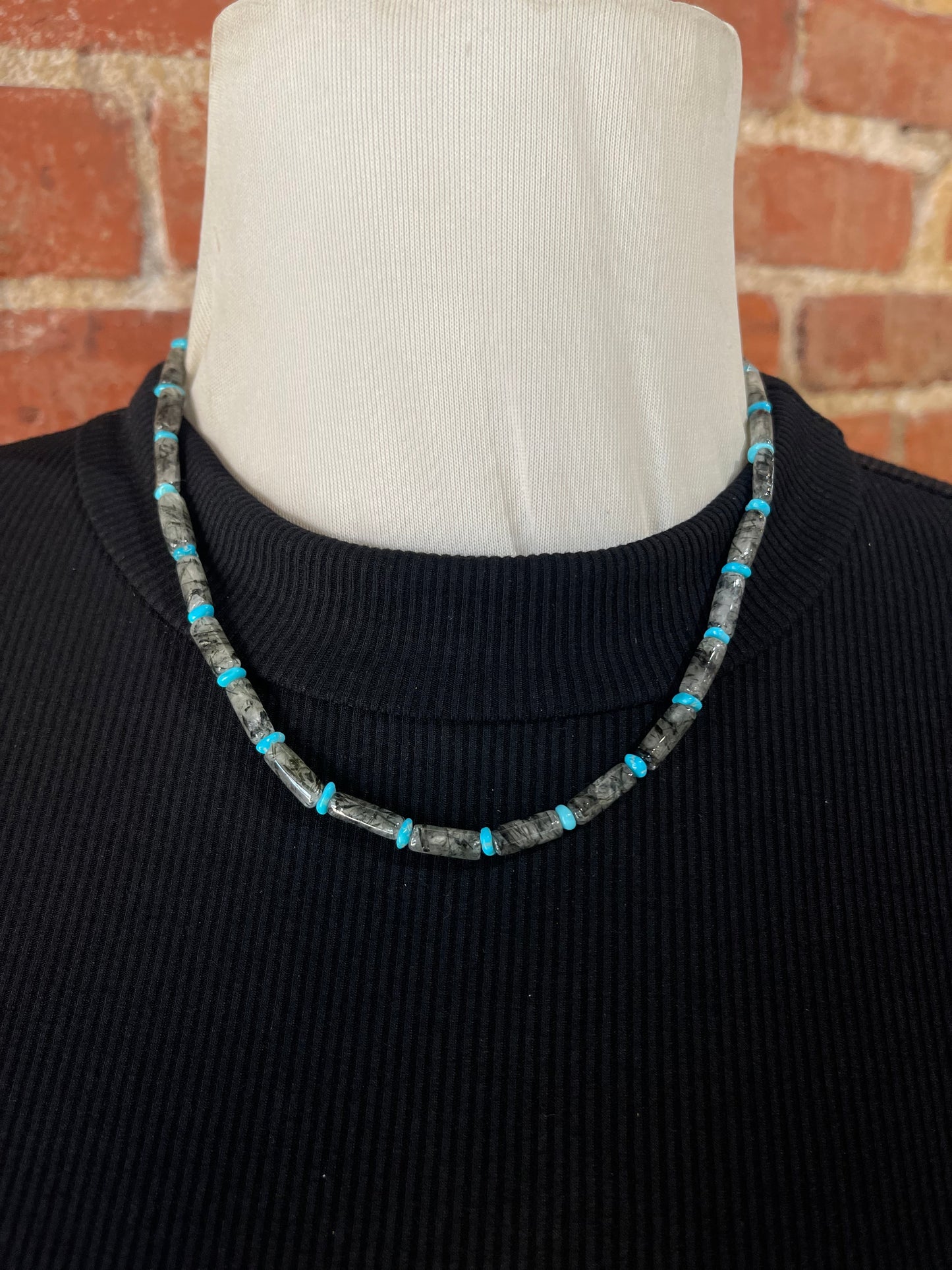 18" Smoky Quartz and Sleeping Beauty Turquoise Beaded Necklace, Navajo
