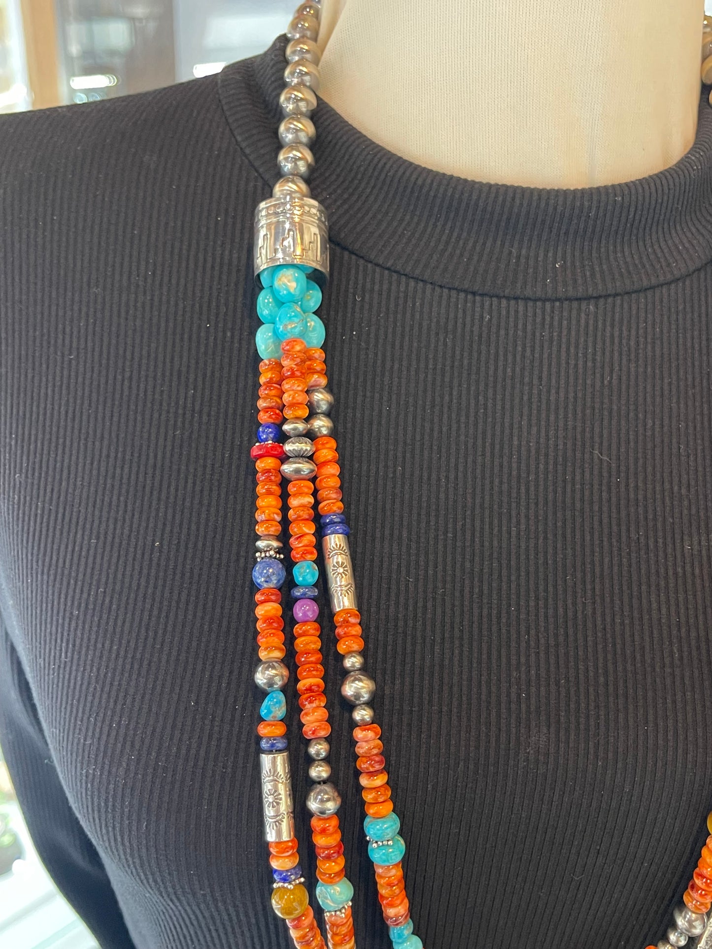 30" 3 Strand Spiny Oyster with Multi Stones & Navajo Style Pearls