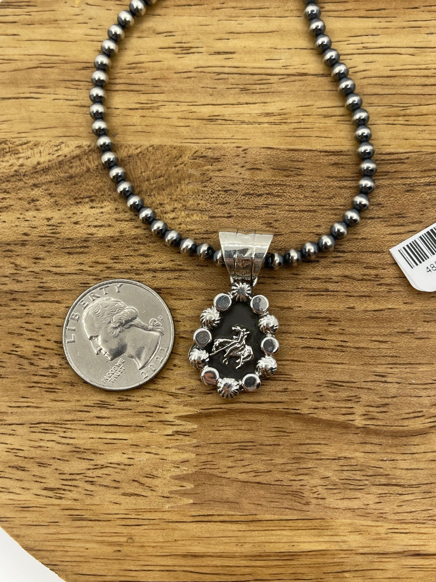 18" 4mm Navajo Pearls Necklace with Silver Trail Rider Pendant by Daniel Dakai, Navajo