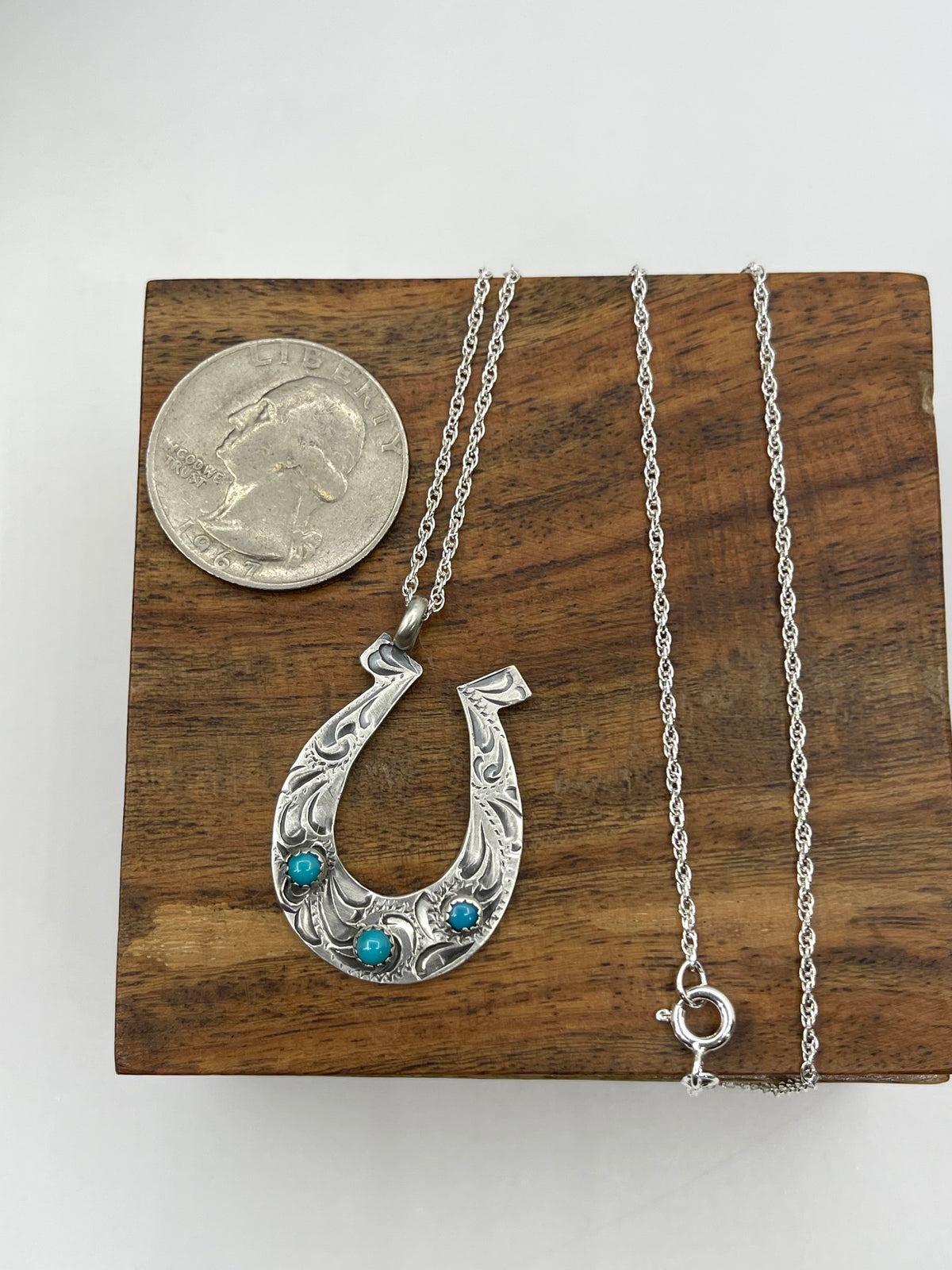 18” Engraved Horse Shoe Necklace with Turquoise by Sonyei Coho, Navajo