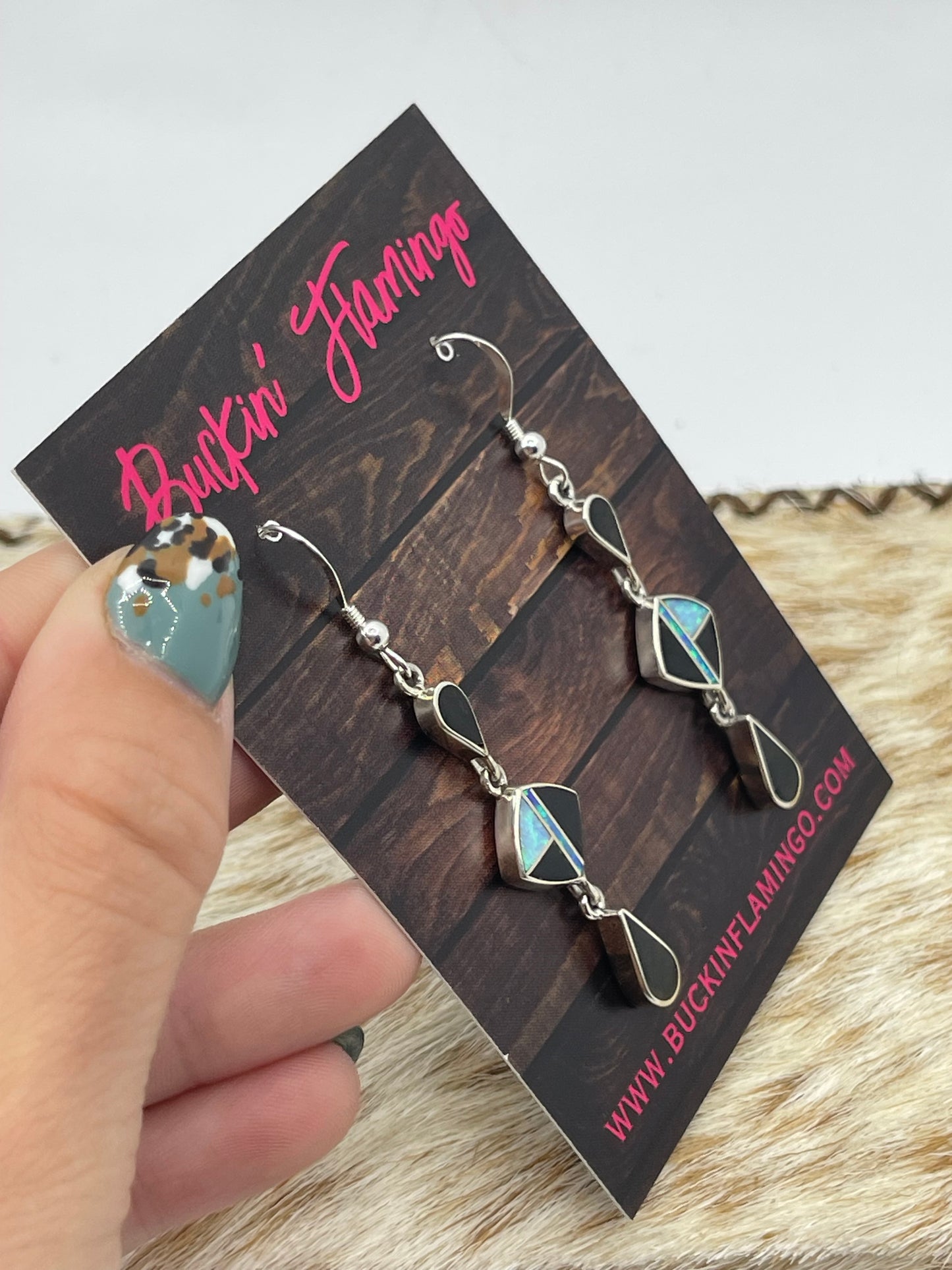 White Opal and Black Onyx Dangle Earrings by James Manygoats, Navajo