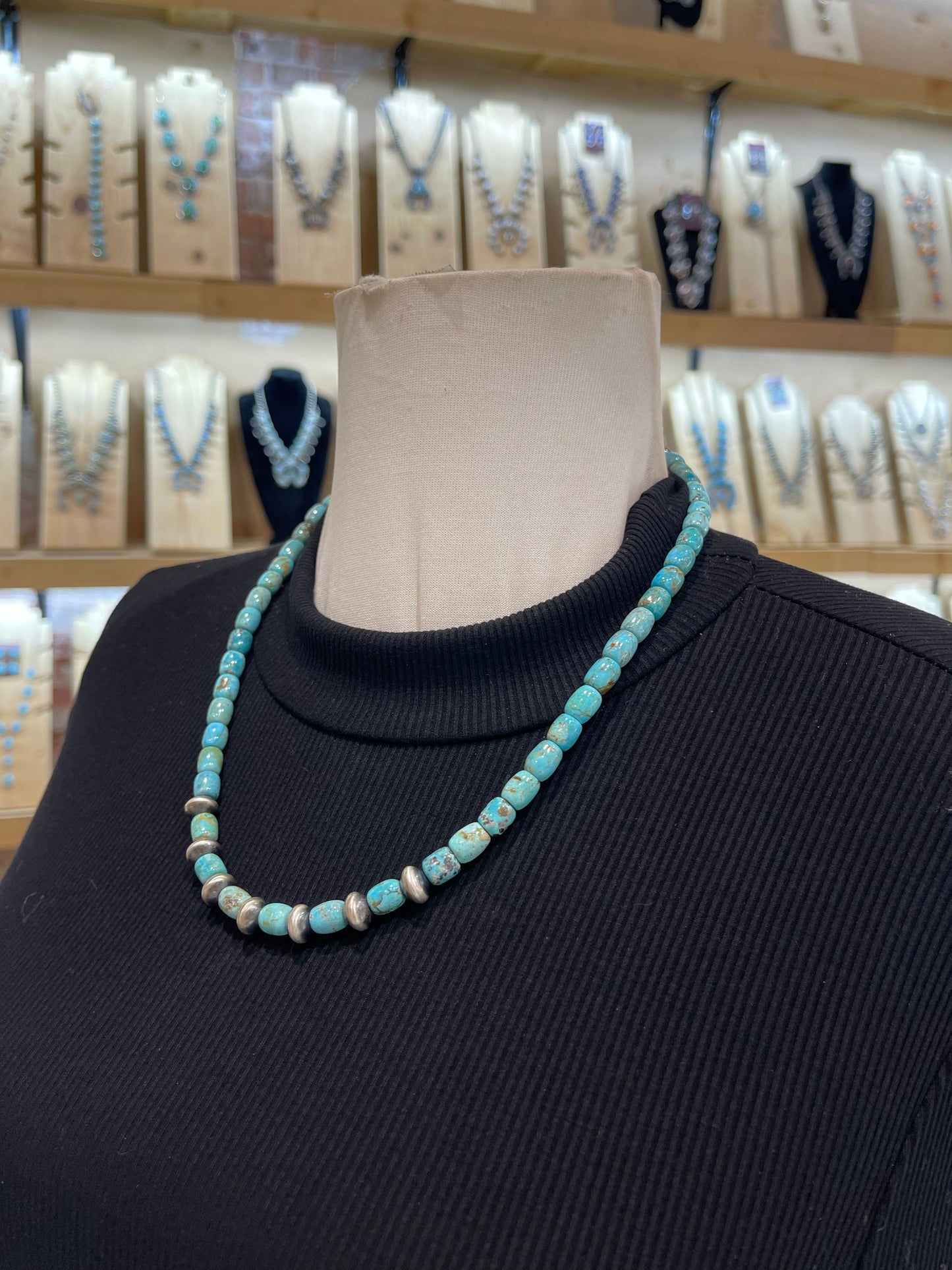 20” Turquoise Cylinder Beads & Handmade Navajo Pearls by Tammy Nolcotte, Navajo
