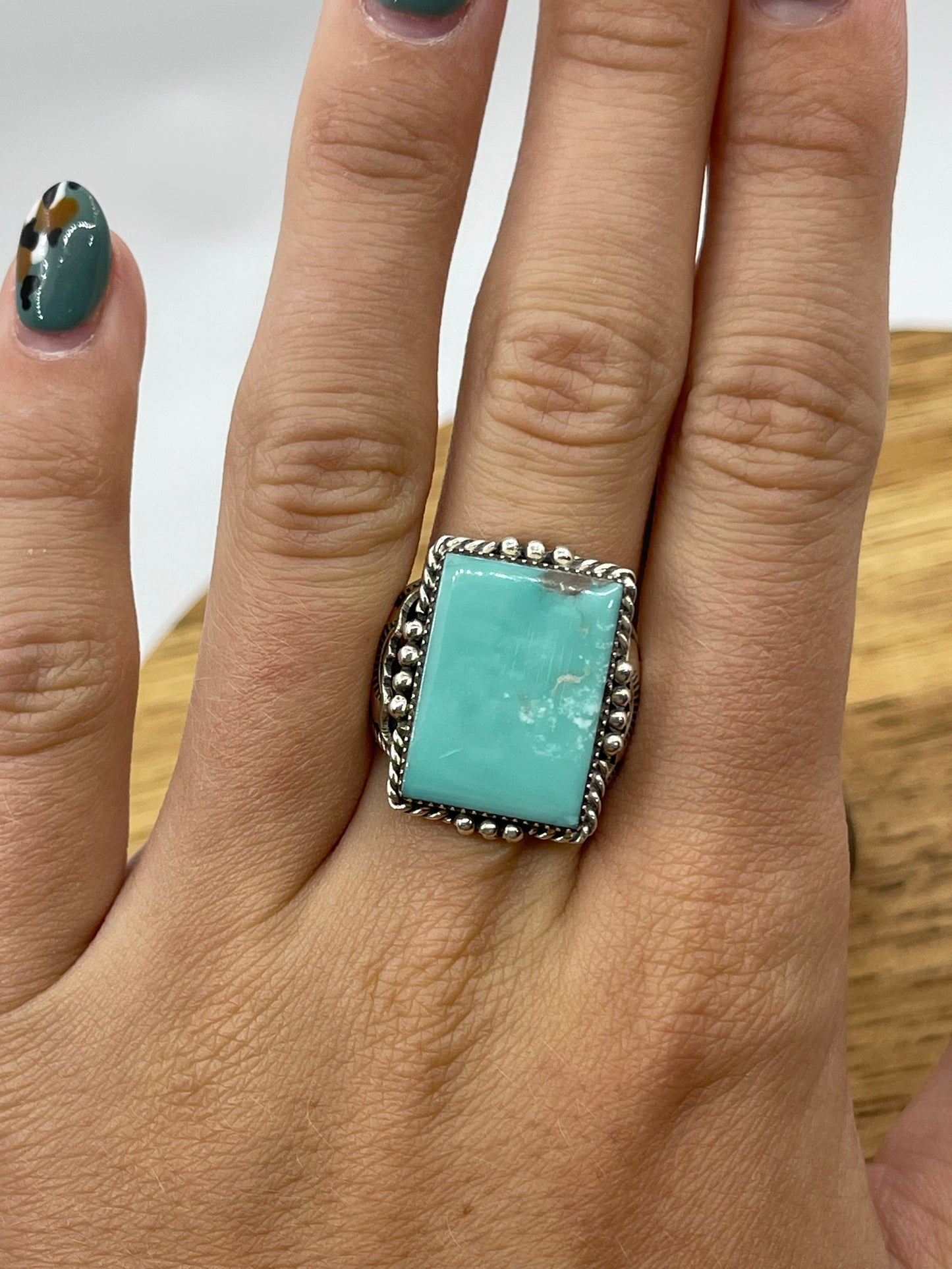 5.0 Rectangle Kingman Turquoise Ring by Gregg Yazzie, Navajo