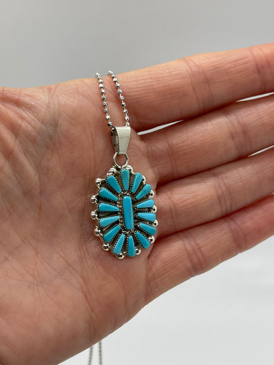 18"+3" Turquoise Needlepoint Cluster Pendant Necklace by Vera Halusewa, Zuni