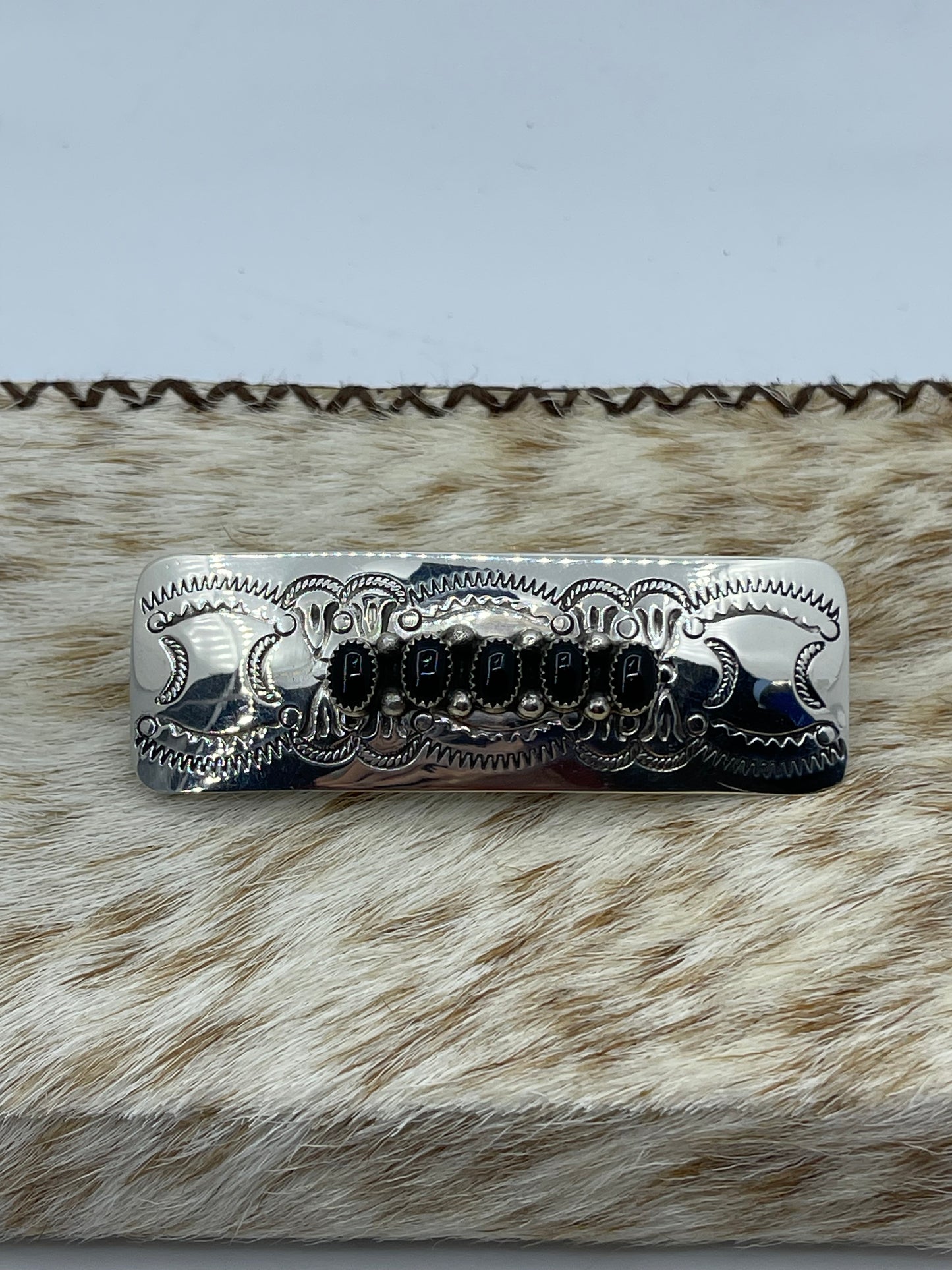 5 Stone Black Onyx Stamped Hair Barrette by Jolene Begay, Navajo