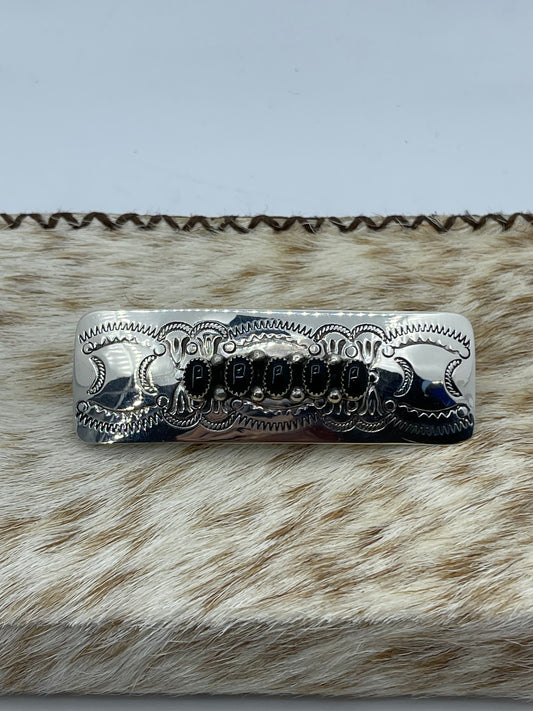 5 Stone Black Onyx Stamped Hair Barrette by Jolene Begay, Navajo