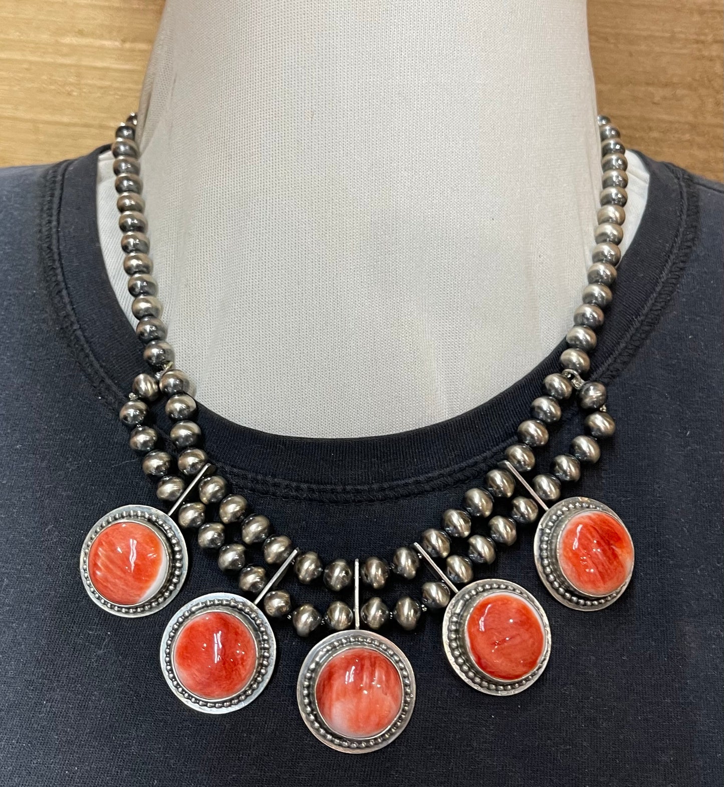 Red Spiny Oyster Shell and 7mm Navajo Pearl Necklace by Calvin Delgarito, Navajo