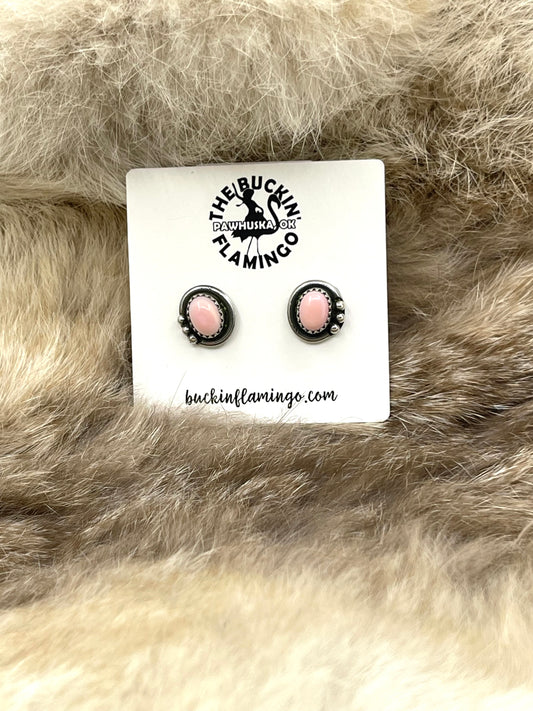Pink Conch Shell Post with Silver Border Earrings by Rita Largo, Navajo