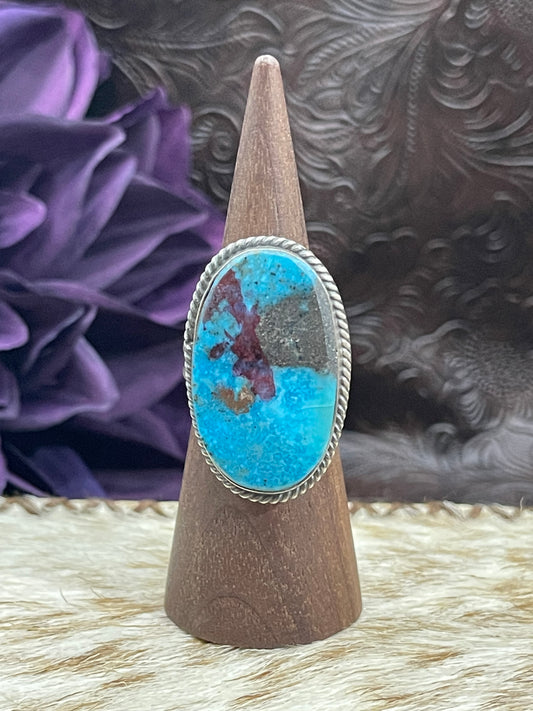 8.0 Oval Persian Turquoise Ring By Gilbert Nez, Navajo