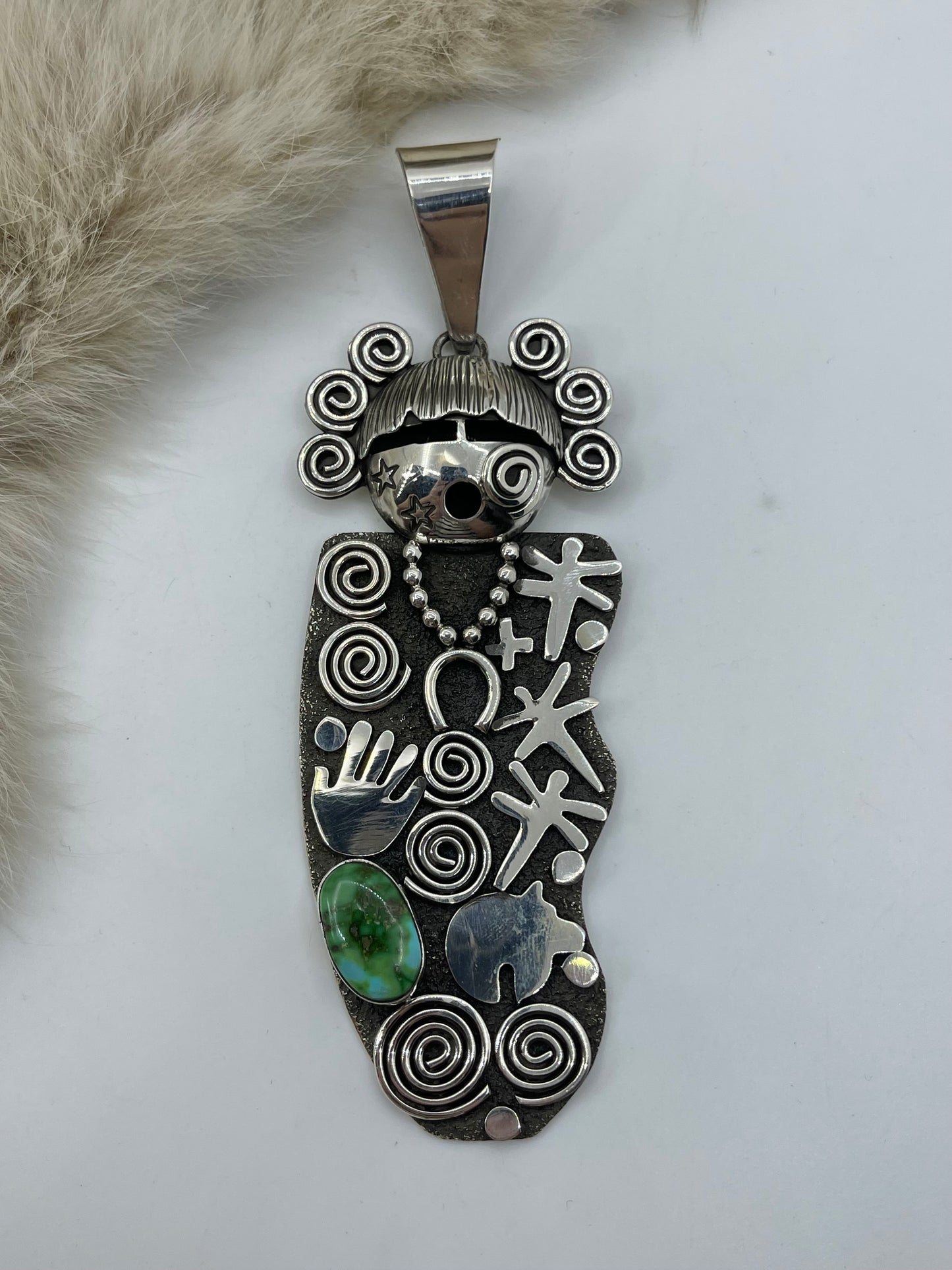 Maiden Face Petroglyph Pendant with Kingman Turquoise by Alex Sanchez, Navajo