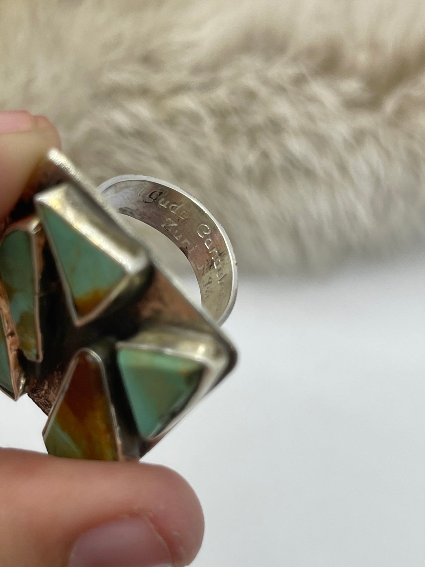 Adjustable (6.0-9.0) 5 Stone Square Ring with Royston Turquoise by Jude Candelaria, Zuni