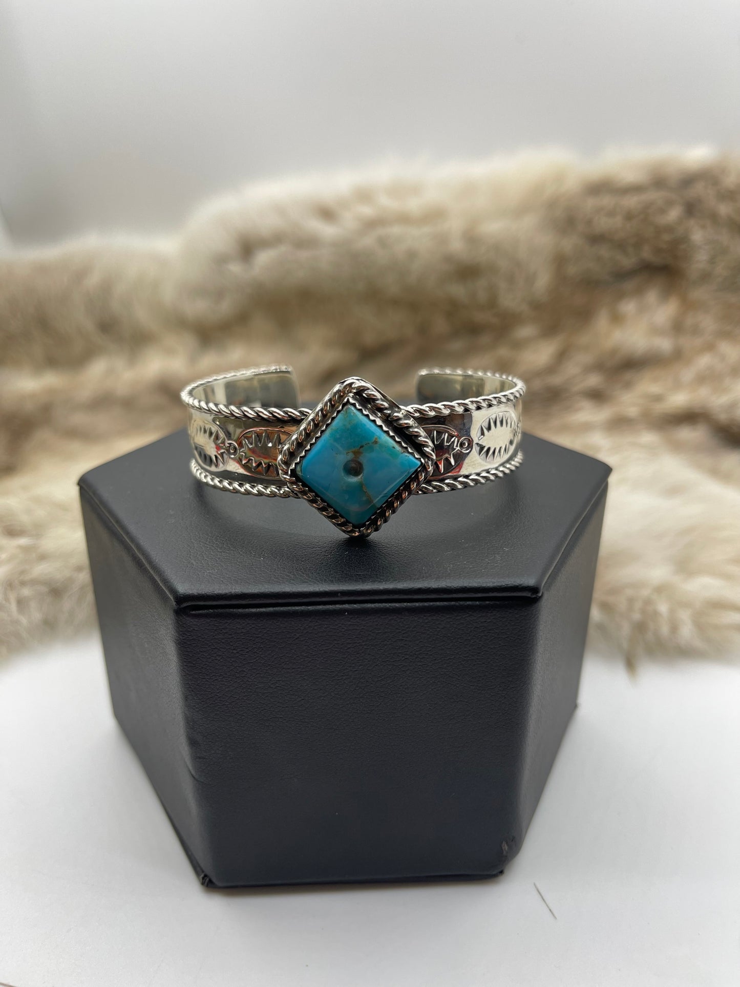 6.25”-6.75” Turquoise “Dice” Ace Cuff with Stamping by Jason Bahe, Navajo