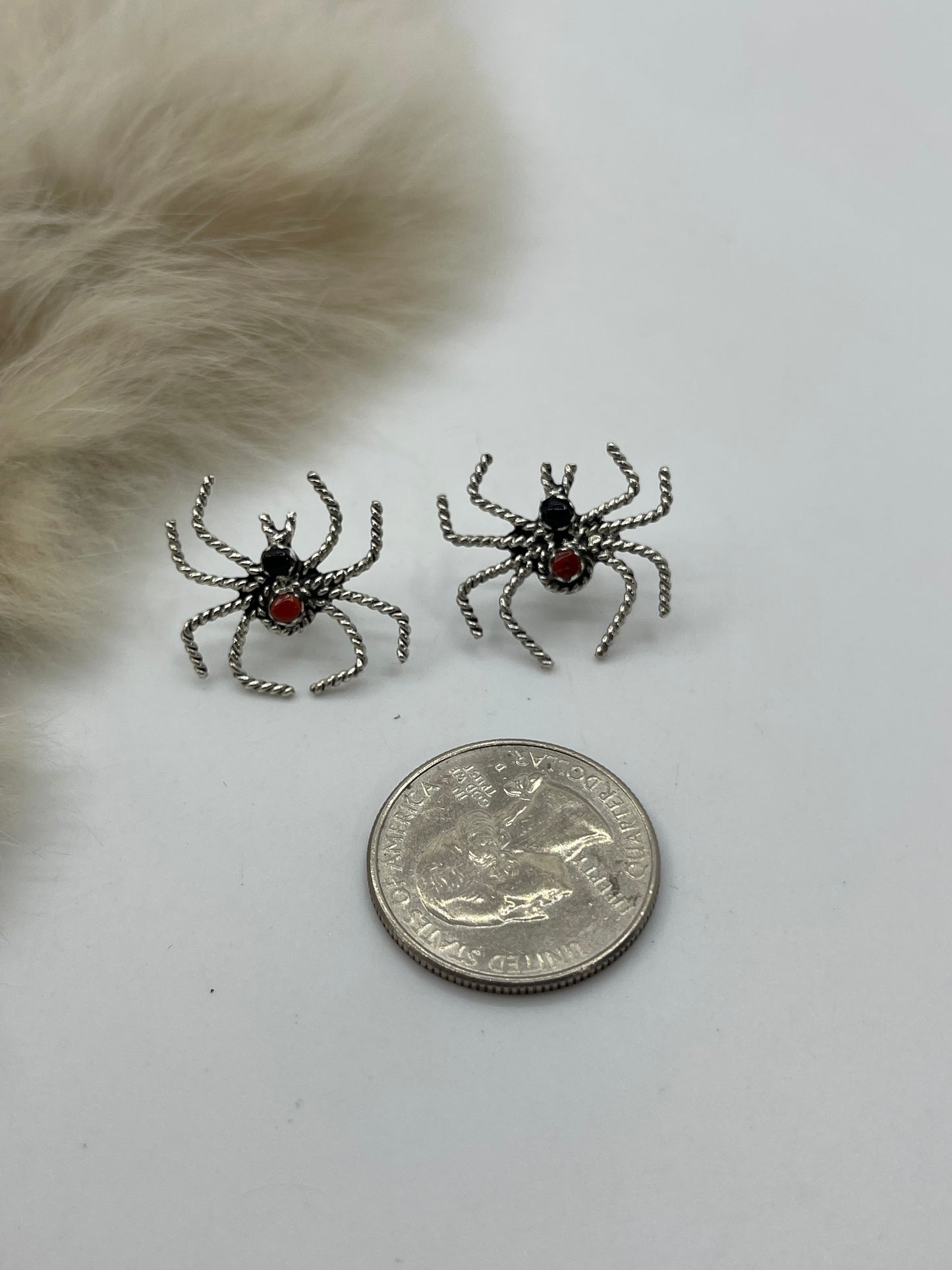 Red Coral & Black Onyx Spider Post Earrings by Gilbert Weebothee, Zuni