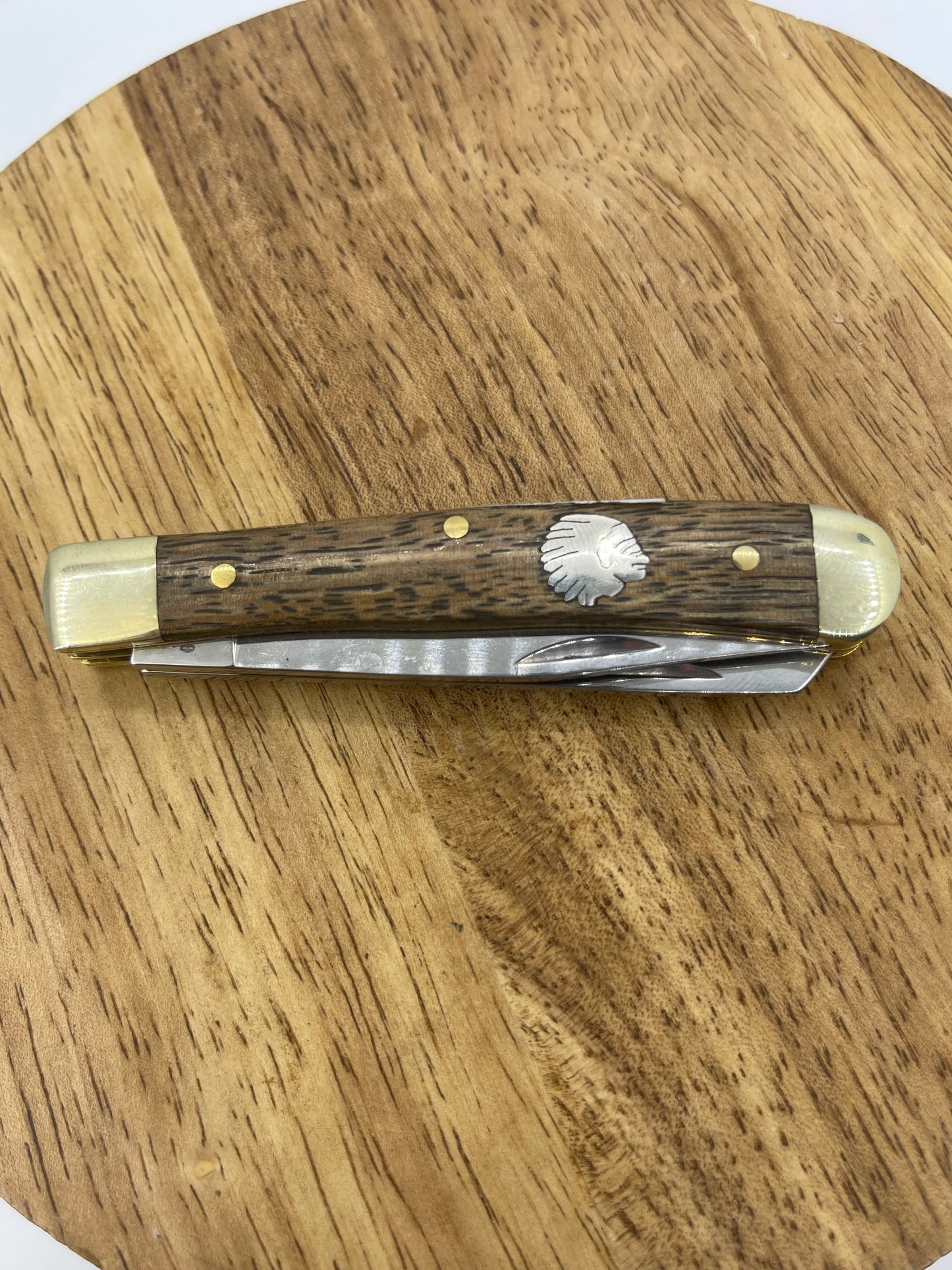 Wood Handle With Silver Inlay Trapper Style Knife