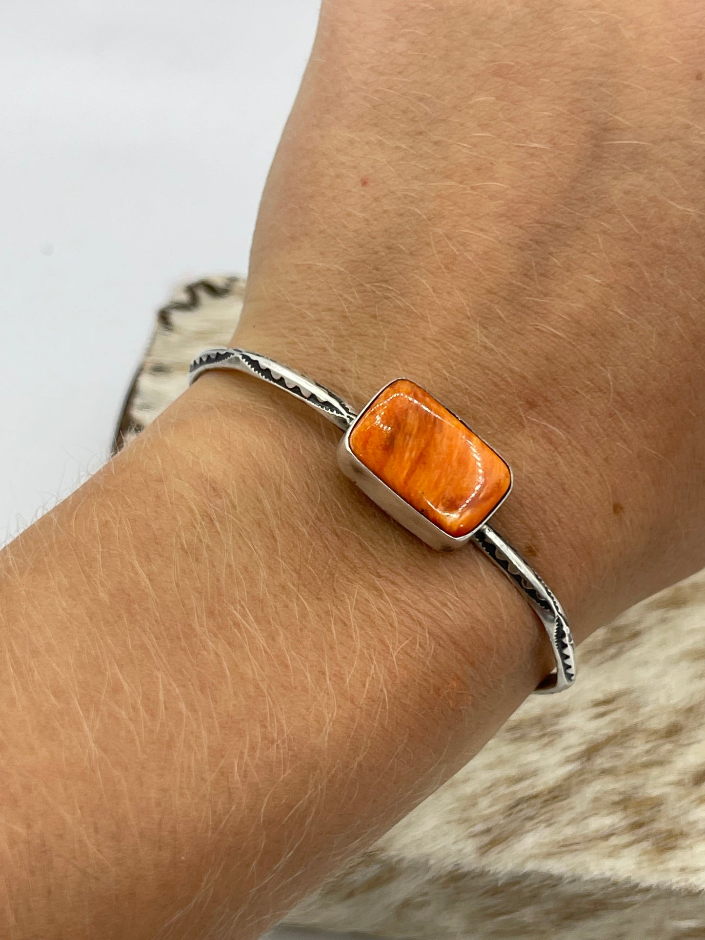 5 1/4"-7 1/2" Orange Spiny Oyster shell Triangle Wire Cuff by Judith Dixon, Navajo