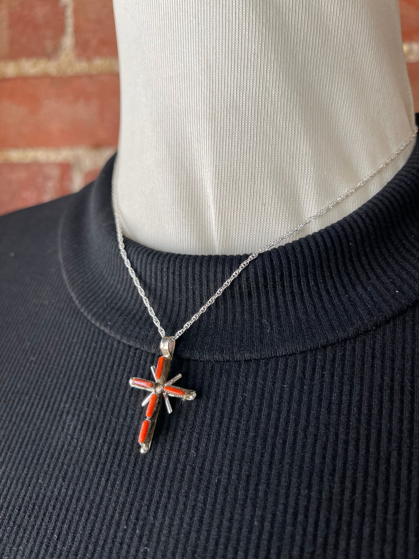 16" Red Coral Inlay Cross Necklace by Jill Peywa, Zuni