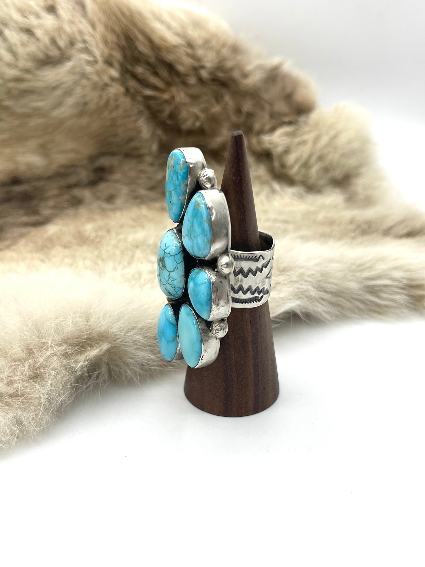 Adjustable (6.0-10.) High Grade Kingman Turquoise Half Cluster Ring by Thompson Piaso, Navajo
