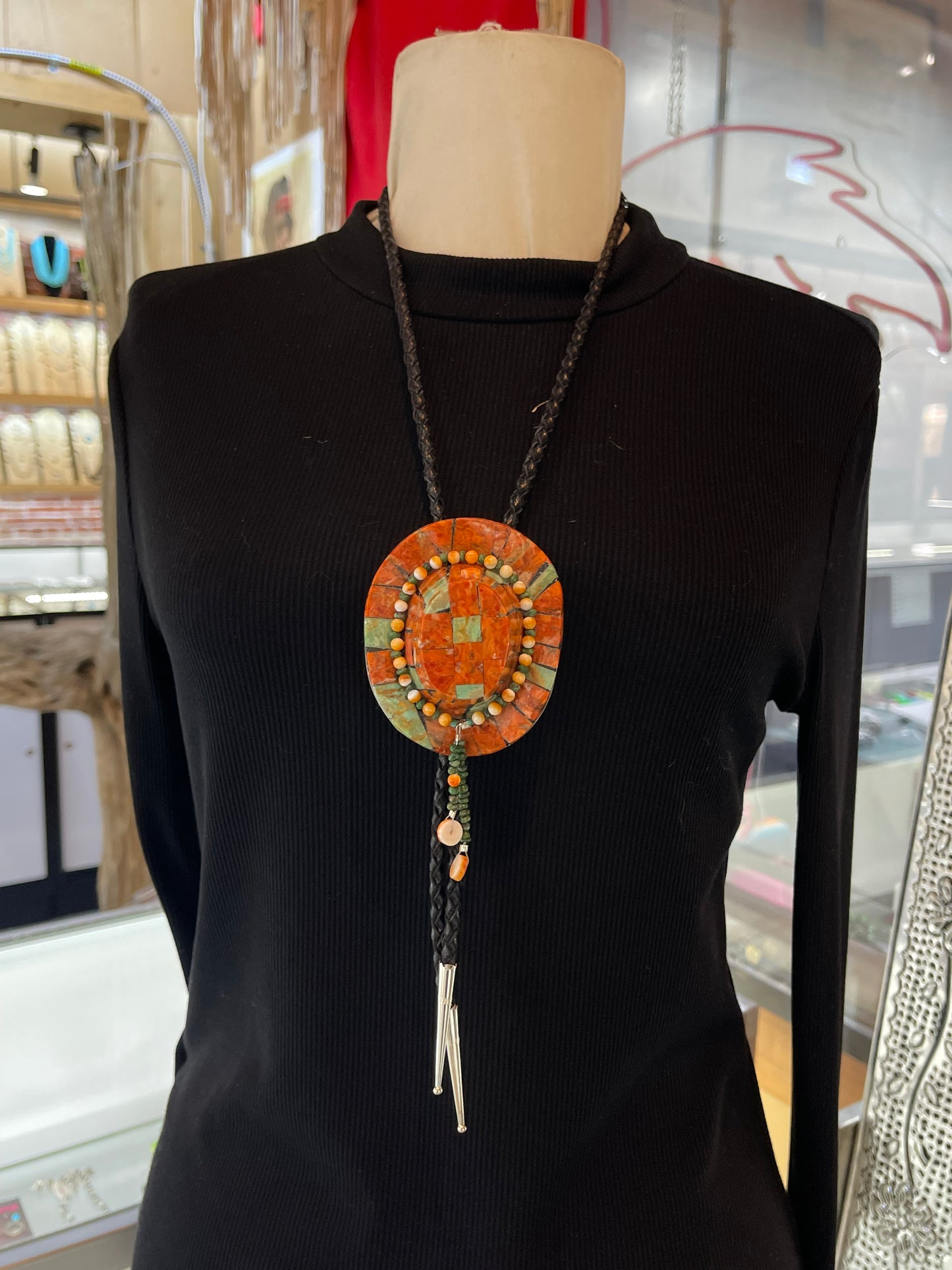 Orange Coral With Turquoise Cowboy Hat Bolo Tie by Jolene Bird, Santo Domingo