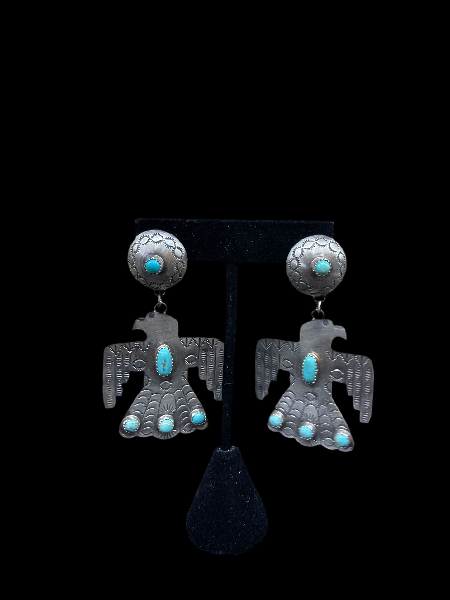 Concho Thunderbird Dangle Earrings by LJC, Navajo