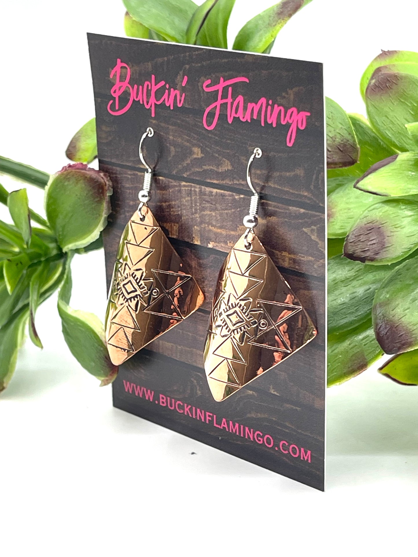 Copper Stamped “Rug” Dangle Earrings by Felicia Etsitty, Navajo
